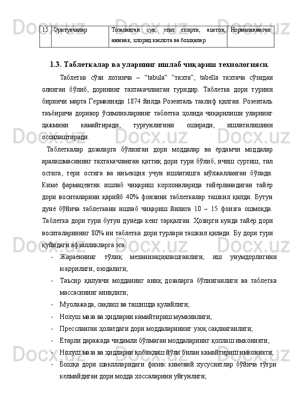  
15  Эритувчилар  Тозаланган   сув,   этил   спирти,   ацетон,
аммиак, хлорид кислота ва бошқалар  Нормаланмаган 
 
1.3. Таблеткалар ва уларнинг ишлаб чиқариш технологияси .  
Таблетка   сўзи   лотинча   –   “tabula”   “тахта”,   tabella   тахтача   сўзидан
олинган   бўлиб,   дорининг   тахтакачланган   туридир.   Таблетка   дори   турини
биринчи   марта   Германияда   1874   йилда   Розенталь   таклиф   қилган.   Розенталь
таъбирича   доривор   ўсимликларнинг   таблетка   ҳолида   чиқарилиши   уларнинг
ҳажмини   камайтиради,   турғунлигини   оширади,   ишлатилишини
осонлаштиради. 
  Таблеткалар   дозаларга   бўлинган   дори   моддалар   ва   ёрдамчи   моддалар
аралашмасининг тахтакачланган  қаттиқ дори тури бўлиб, ичиш суртиш, тил
остига,   тери   остига   ва   инъекция   учун   ишлатишга   мўлжалланган   бўлади.
Кимё   фармацевтик   ишлаб   чиқариш   корхоналарида   тайёрланадиган   тайёр
дори   воситаларини   қарийб   40%   фоизини   таблеткалар   ташкил   қилди.   Бутун
дунё   бўйича   таблеткани   ишлаб   чиқариш   йилига   10   –   15   фоизга   ошмоқда.
Таблетка дори тури бутун дунёда кенг тарқалган. Ҳозирги кунда тайёр дори
воситаларининг 80% ни таблетка дори турлари ташкил қилади. Бу дори тури
қуйидаги афзалликларга эга. 
- Жараённинг   тўлиқ   механизациялашганлиги,   иш   унумдорлигини
юқорилиги, озодалиги; 
- Таъсир   қилувчи   модданинг   аниқ   дозаларга   бўлинганлиги   ва   таблетка
массасининг аниқлиги; 
- Муолажада, сақлаш ва ташишда қулайлиги; 
- Нохуш маза ва ҳидларни камайтириш мумкинлиги; 
- Прессланган ҳолатдаги дори моддаларининг узоқ сақланганлиги; 
- Етарли даражада чидамли бўлмаган моддаларнинг қоплаш имконияти; 
- Нохуш маза ва ҳидларни қобиқлаш йўли билан камайтириш имконияти; 
- Бошқа   дори   шакллларидаги   физик   кимёвий   хусусиятлар   бўйича   тўғри
келмайдиган дори модда хоссаларини уйғунлиги;  