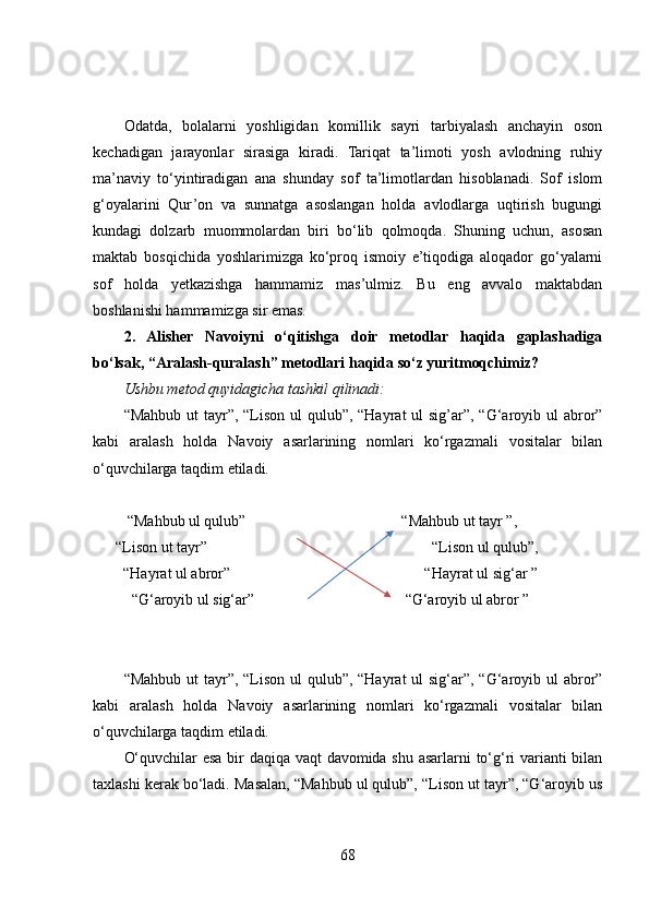 Odatda,   bolalarni   yoshligidan   komillik   sayri   tarbiyalash   anchayin   oson
kechadigan   jarayonlar   sirasiga   kiradi.   Tariqat   ta’limoti   yosh   avlodning   ruhiy
ma’naviy   to‘yintiradigan   ana   shunday   sof   ta’limotlardan   hisoblanadi.   Sof   islom
g‘oyalarini   Qur’on   va   sunnatga   asoslangan   holda   avlodlarga   uqtirish   bugungi
kundagi   dolzarb   muommolardan   biri   bo‘lib   qolmoqda.   Shuning   uchun,   asosan
maktab   bosqichida   yoshlarimizga   ko‘proq   ismoiy   e’tiqodiga   aloqador   go‘yalarni
sof   holda   yetkazishga   hammamiz   mas’ulmiz.   Bu   eng   avvalo   maktabdan
boshlanishi hammamizga sir emas. 
2.   Alisher   Navoiyni   o‘qitishga   doir   metodlar   haqida   gaplashadiga
bo‘lsak, “Aralash-quralash” metodlari haqida so‘z yuritmoqchimiz?
Ushbu metod quyidagicha tashkil qilinadi:
“Mahbub ut  tayr”, “Lison ul  qulub”, “Hayrat  ul sig’ar”, “G‘aroyib ul abror”
kabi   aralash   holda   Navoiy   asarlarining   nomlari   ko‘rgazmali   vositalar   bilan
o‘quvchilarga taqdim etiladi. 
         “Mahbub ul qulub”   “Mahbub ut tayr ”,
      “Lison ut tayr”                     “Lison ul qulub”,
        “Hayrat ul abror”        “Hayrat ul sig‘ar ” 
   “G‘aroyib ul sig‘ar”            “G‘aroyib ul abror ”
 
“Mahbub ut  tayr”, “Lison ul  qulub”, “Hayrat  ul sig‘ar”, “G‘aroyib ul abror”
kabi   aralash   holda   Navoiy   asarlarining   nomlari   ko‘rgazmali   vositalar   bilan
o‘quvchilarga taqdim etiladi. 
O‘quvchilar esa bir daqiqa vaqt davomida shu asarlarni to‘g‘ri varianti bilan
taxlashi kerak bo‘ladi. Masalan, “Mahbub ul qulub”, “Lison ut tayr”, “G‘aroyib us
68 