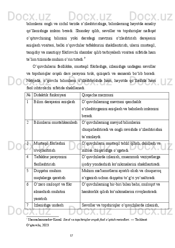17bilimlarni ongli va izchil tarzda o‘zlashtirishiga, bilimlarning hayotda amaliy
qo‘llanishiga   imkon   beradi.   Shunday   qilib,   savollar   va   topshiriqlar   nafaqat
o‘qituvchining   bilimini   yoki   darsdagi   mavzuni   o‘zlashtirish   darajasini
aniqlash vositasi, balki o‘quvchilar tafakkurini shakllantirish, ularni mustaqil,
tanqidiy va mantiqiy fikrlovchi shaxslar qilib tarbiyalash vositasi sifatida ham
ta’lim tizimida muhim o‘rin tutadi. 7
O‘quvchilarni   faollikka,   mustaqil   fikrlashga,   izlanishga   undagan   savollar
va   topshiriqlar   orqali   dars   jarayoni   tirik,   qiziqarli   va   samarali   bo‘lib   boradi.
Natijada,   o‘quvchi   bilimlarni   o‘zlashtirishda   ham,   hayotda   qo‘llashda   ham
faol ishtirokchi sifatida shakllanadi.
№ Didaktik funksiyasi Qisqacha mazmuni
1 Bilim darajasini aniqlash O‘quvchilarning mavzuni qanchalik 
o‘zlashtirganini aniqlash va baholash imkonini 
beradi.
2 Bilimlarni mustahkamlash O‘quvchilarning mavjud bilimlarini 
chuqurlashtiradi va ongli ravishda o‘zlashtirishni 
ta’minlaydi.
3 Mustaqil fikrlashni 
rivojlantirish O‘quvchilarni mustaqil tahlil qilish, dalillash va 
xulosa chiqarishga o‘rgatadi.
4 Tafakkur jarayonini 
faollashtirish O‘quvchilarda izlanish, muammoli vaziyatlarga 
ijodiy yondashish ko‘nikmalarini shakllantiradi.
5 Diqqatni muhim 
nuqtalarga qaratish Muhim ma'lumotlarni ajratib olish va chuqurroq 
o‘rganish uchun diqqatni to‘g‘ri yo‘naltiradi.
6 O‘zaro muloqot va fikr 
almashish muhitini 
yaratish O‘quvchilarning bir-biri bilan bahs, muloqot va 
hamkorlik qilish ko‘nikmalarini rivojlantiradi.
7 Izlanishga undash Savollar va topshiriqlar o‘quvchilarda izlanish, 
7
  Shermuhammedov Komil.  Savol va topshiriqlar orqali faol o‘qitish metodlari . — Toshkent: 
O‘qituvchi, 2023. 