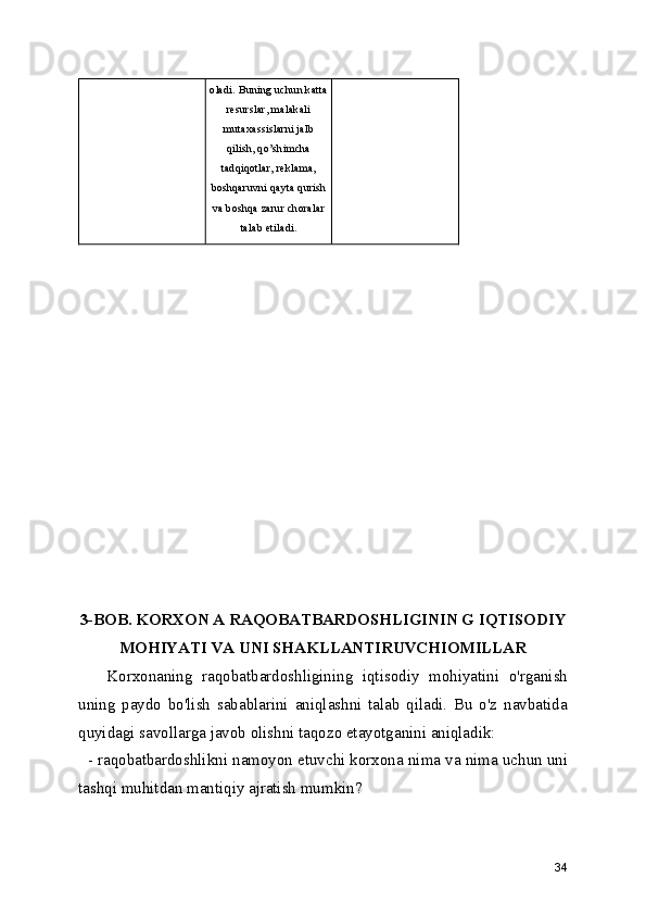 oladi. Buning uchun katta
resurslar, malakali
mutaxassislarni jalb
qilish, qo’shimcha
tadqiqotlar, reklama,
boshqaruvni qayta qurish
va boshqa zarur choralar
talab etiladi.
3-BOB. KORXON A RAQOBATBARDOSHLIGININ G IQTISODIY
MOHIYATI VA UNI SHAKLLANTIRUVCHIOMILLAR 
      Korxonaning   raqobatbardoshligining   iqtisodiy   mohiyatini   o'rganish
uning   paydo   bo'lish   sabablarini   aniqlashni   talab   qiladi.   Bu   o'z   navbatida
quyidagi savollarga javob olishni taqozo etayotganini aniqladik:
  - raqobatbardoshlikni namoyon etuvchi korxona nima va nima uchun uni
tashqi muhitdan mantiqiy ajratish mumkin?
34 