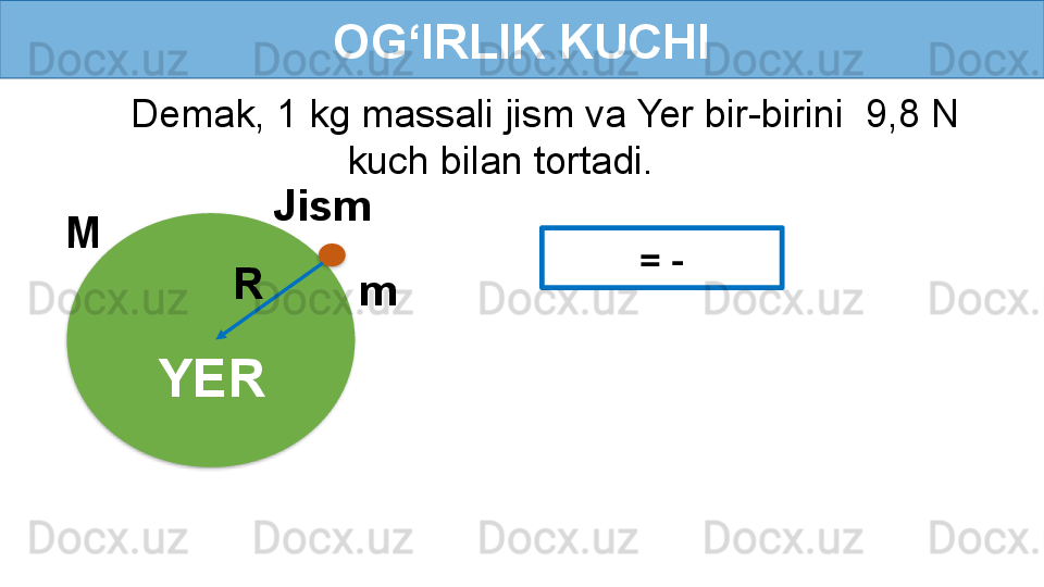 OG‘IRLIK KUCHI
YER Jism
mM
RDemak, 1 kg massali jism va Yer bir-birini  9,8 N 
kuch bilan tortadi.
   = -      