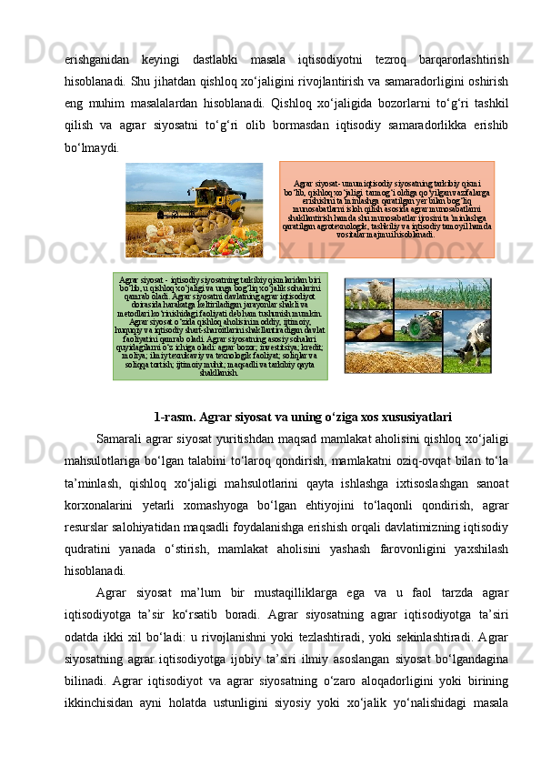 erishganidan   keyingi   dastlabki   masala   iqtisodiyotni   tezroq   barqarorlashtirish
hisoblanadi. Shu jihatdan qishloq xo‘jaligini rivojlantirish va samaradorligini oshirish
eng   muhim   masalalardan   hisoblanadi.   Qishloq   xo‘jaligida   bozorlarni   to‘g‘ri   tashkil
qilish   va   agrar   siyosatni   to‘g‘ri   olib   bormasdan   iqtisodiy   samaradorlikka   erishib
bo‘lmaydi. 
1-rasm. Agrar siyosat va uning o‘ziga xos xususiyatlari
Samarali  agrar siyosat  yuritishdan maqsad mamlakat aholisini  qishloq xo‘jaligi
mahsulotlariga  bo‘lgan   talabini   to‘laroq   qondirish,   mamlakatni   oziq-ovqat   bilan   to‘la
ta’minlash,   qishloq   xo‘jaligi   mahsulotlarini   qayta   ishlashga   ixtisoslashgan   sanoat
korxonalarini   yetarli   xomashyoga   bo‘lgan   ehtiyojini   to‘laqonli   qondirish,   agrar
resurslar salohiyatidan maqsadli foydalanishga erishish orqali davlatimizning iqtisodiy
qudratini   yanada   o‘stirish,   mamlakat   aholisini   yashash   farovonligini   yaxshilash
hisoblanadi. 
Agrar   siyosat   ma’lum   bir   mustaqilliklarga   ega   va   u   faol   tarzda   agrar
iqtisodiyotga   ta’sir   ko‘rsatib   boradi.   Agrar   siyosatning   agrar   iqtisodiyotga   ta’siri
odatda   ikki   xil   bo‘ladi:   u   rivojlanishni   yoki   tezlashtiradi,   yoki   sekinlashtiradi.   Agrar
siyosatning   agrar   iqtisodiyotga   ijobiy   ta’siri   ilmiy   asoslangan   siyosat   bo‘lgandagina
bilinadi.   Agrar   iqtisodiyot   va   agrar   siyosatning   o‘zaro   aloqadorligini   yoki   birining
ikkinchisidan   ayni   holatda   ustunligini   siyosiy   yoki   xo‘jalik   yo‘nalishidagi   masalaAgrar siyosat- umumiqtisodiy siyosatning tarkibiy qismi 	bo‘lib, qishloq xo‘jaligi  tarmog‘i oldiga qo‘yilgan vazifalarga 	erishishni ta’minlashga qaratilgan yer bilan bog‘liq 	munosabatlarni isloh qilish asosida agrar munosabatlarni shakllantirish hamda shu munosabatlar ijrosini ta’minlashga qaratilgan agrotexnologik, tashkiliy va iqtisodiy tamoyil hamda 	vositalar majmui hisoblanadi. 	
Agrar siyosat - iqtisodiy siyosatning tarkibiy qismlaridan biri bo‘lib, u qishloq xo‘jaligi va unga bog‘liq xo‘jalik sohalarini qamrab oladi. Agrar siyosatni davlatning agrar iqtisodiyot doirasida harakatga keltiriladigan jarayonlar shakli va 	metodlari ko‘rinishidagi faoliyati deb ham tushunish mumkin. 	Agrar siyosat o‘zida qishloq aholisini moddiy, ijtimoiy, 	huquqiy va iqtisodiy shart-sharoitlarini shakllantiradigan davlat faoliyatini qamrab oladi. Agrar siyosatning asosiy sohalari quyidagilarni o‘z ichiga oladi: agrar bozor; investitsiya; kredit; moliya; ilmiy texnikaviy va texnologik faoliyat; soliqlar va soliqqa tortish; ijtimoiy muhit; maqsadli va tarkibiy qayta 	shakllanish.