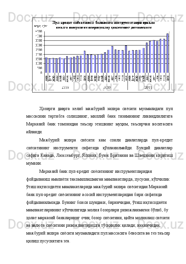  
 
Ҳозирги   даврга   келиб   мажбурий   захира   сиёсати   муомаладаги   пул
массасини   тартибга   солишнинг,   миллий   банк   тизимининг   ликвидлилигига
Марказий   банк   томонидан   таъсир   этишнинг   муҳим,   таъсирчан   воситасига
айланди. 
Мажбурий   захира   сиёсати   кам   сонли   давлатларда   пул-кредит
сиёсатининг   инструменти   сифатида   қўлланилмайди.   Бундай   давлатлар
сафига Канада, Люксембург, Япония, Буюк Британия ва Швецияни киритиш
мумкин. 
Марказий банк пул-кредит сиёсатининг инструментларидан 
фойдаланиш амалиёти такомиллашмаган мамлакатларда, хусусан, кўпчилик 
ўтиш иқтисодиёти мамлакатларида мажбурий захира сиёсатидан Марказий 
банк пул-кредит сиёсатининг асосий инструментларидан бири сифатида 
фойдаланилмоқда. Бунинг боиси шундаки, биринчидан, ўтиш иқтисодиёти 
мамлакатларининг кўпчилигида молия бозорлари ривожланмаган бўлиб, бу 
ҳолат марказий банкларнинг очиқ бозор сиёсатини, қайта молиялаш сиёсати 
ва валюта сиёсатини ривожлантиришга тўсқинлик қилади; иккинчидан, 
мажбурий захира сиёсати муомаладаги пул массасига бевосита ва тез таъсир 
қилиш хусусиятига эга.  