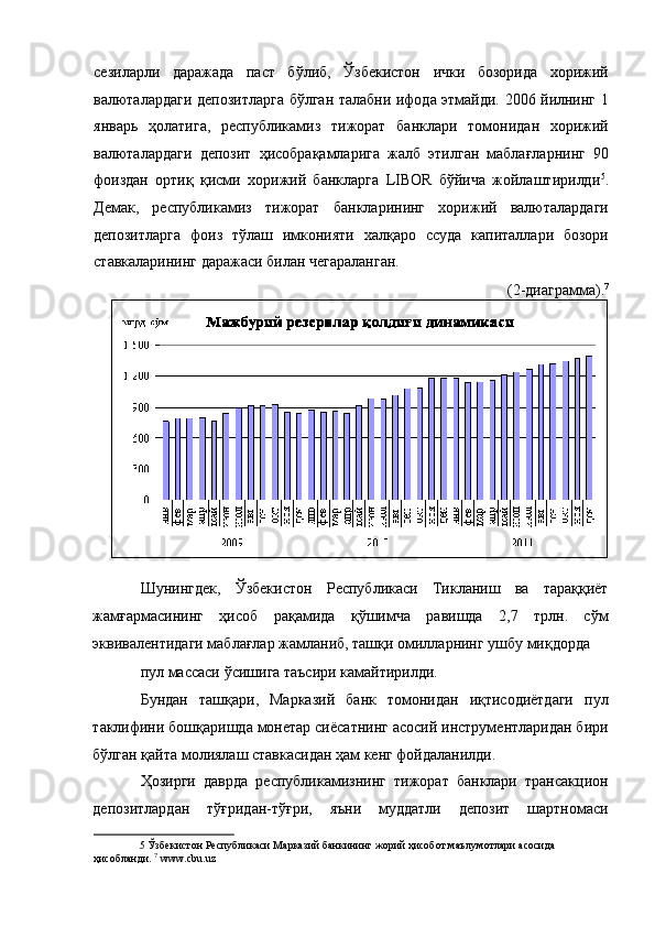 сезиларли   даражада   паст   бўлиб,   Ўзбекистон   ички   бозорида   хорижий
валюталардаги депозитларга бўлган талабни ифода этмайди. 2006 йилнинг 1
январь   ҳолатига,   республикамиз   тижорат   банклари   томонидан   хорижий
валюталардаги   депозит   ҳисобрақамларига   жалб   этилган   маблағларнинг   90
фоиздан   ортиқ   қисми   хорижий   банкларга   LIBOR   бўйича   жойлаштирилди 5
.
Демак,   республикамиз   тижорат   банкларининг   хорижий   валюталардаги
депозитларга   фоиз   тўлаш   имконияти   халқаро   ссуда   капиталлари   бозори
ставкаларининг даражаси билан чегараланган. 
 (2-диаграмма). 7
          
Шунингдек,   Ўзбекистон   Республикаси   Тикланиш   ва   тараққиёт
жамғармасининг   ҳисоб   рақамида   қўшимча   равишда   2,7   трлн.   сўм
эквивалентидаги маблағлар жамланиб, ташқи омилларнинг ушбу миқдорда 
пул массаси ўсишига таъсири камайтирилди. 
Бундан   ташқари,   Марказий   банк   томонидан   иқтисодиётдаги   пул
таклифини бошқаришда монетар сиёсатнинг асосий инструментларидан бири
бўлган қайта молиялаш ставкасидан ҳам кенг фойдаланилди. 
Ҳозирги   даврда   республикамизнинг   тижорат   банклари   трансакцион
депозитлардан   тўғридан-тўғри,   яъни   муддатли   депозит   шартномаси
5  Ўзбекистон Республикаси Марказий банкининг жорий ҳисобот маълумотлари асосида 
ҳисобланди.  7
 www.cbu.uz  