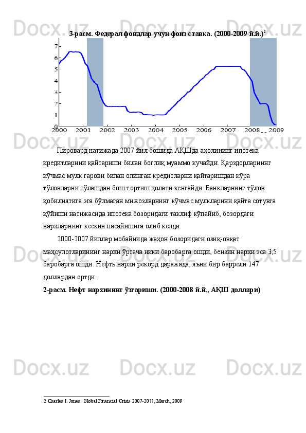 3-расм. Федерал фондлар учун фоиз ставка. (2000-2009 й.й.) 2
 
Пировард натижада 2007 йил бошида АҚШда аҳолининг ипотека 
кредитларини қайтариши билан боғлиқ муаммо кучайди. Қарздорларнинг 
кўчмас мулк гарови билан олинган кредитларни қайтаришдан кўра 
тўловларни тўлашдан бош тортиш ҳолати кенгайди. Банкларнинг тўлов 
қобилиятига эга бўлмаган мижозларнинг кўчмас мулкларини қайта сотувга 
қўйиши натижасида ипотека бозоридаги таклиф кўпайиб, бозордаги 
нархларнинг кескин пасайишига олиб келди. 
2000-2007 йиллар мобайнида жаҳон бозоридаги озиқ-овқат 
маҳсулотларининг нархи ўртача икки баробарга ошди, бензин нархи эса 3,5 
баробарга ошди. Нефть нархи рекорд даражада, яъни бир баррели 147 
доллардан ортди.  
2-расм. Нефт нархининг ўзгариши. (2000-2008 й.й., АҚШ доллари)  
 
2  Charles I. Jones: Global Financial Crisis 2007-20??,  Ма rch, 2009  