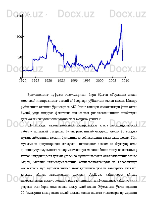  
Британиянинг   нуфузли   газеталаридан   бири   бўлган   «Гардиан»   жаҳон
молиявий инқирозининг асосий айбдорлари рўйхатини эълон қилди. Мазкур
рўйхатнинг олдинги ўринларида АҚШнинг таниқли сиёсатчилари ўрин олган
бўлиб,   унда   инқироз   фақатгина   иқтисодиёт   ривожланишининг   навбатдаги
ҳаракатлантирувчи кучи эканлиги таъкидлаб ўтилган.   
Шу   ўринда,   жаҳон   молиявий   инқирозининг   юзага   келишида   асосий
сабаб   –   молиявий   ресурслар   билан   реал   ишлаб   чиқариш   ҳажми   ўртасидаги
мутаносибликнинг   кескин  бузилиши  ҳисобланишини  таъкидлаш   лозим.  Пул
муомаласи   қонунларидан   маълумки,   иқтисодиёт   соғлом   ва   барқарор   амал
қилиши учун муомалага чиқарилаётган пул массаси билан товар ва хизматлар
ишлаб чиқариш реал ҳажми ўртасида муайян нисбатга амал қилиниши лозим.
Бироқ,   миллий   иқтисодиётларнинг   байналминаллашуви   ва   глобаллашув
жараёнлари   пул   муомаласининг   амал   қилишига   ҳам   ўз   таъсирини   ўтказиб,
дастлаб   айрим   мамлакатлар,   масалан   АҚШда,   кейинчалик   кўплаб
мамлакатларда мазкур қонунга риоя қилишнинг заифлашувига, кейин эса уни
умуман   эътиборга   олмасликка   қадар   олиб   келди.   Жумладан,   ўтган   асрнинг
70-йилларига қадар амал қилиб келган жаҳон валюта тизимлари пулларнинг 