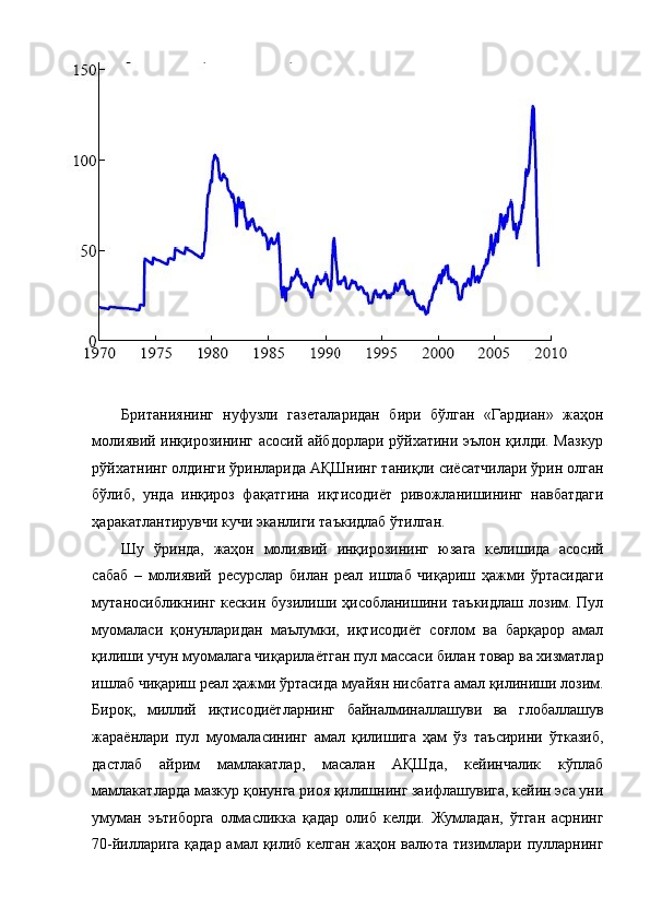 Британиянинг   нуфузли   газеталаридан   бири   бўлган   «Гардиан»   жаҳон
молиявий инқирозининг асосий айбдорлари рўйхатини эълон қилди. Мазкур
рўйхатнинг олдинги ўринларида АҚШнинг таниқли сиёсатчилари ўрин олган
бўлиб,   унда   инқироз   фақатгина   иқтисодиёт   ривожланишининг   навбатдаги
ҳаракатлантирувчи кучи эканлиги таъкидлаб ўтилган.   
Шу   ўринда,   жаҳон   молиявий   инқирозининг   юзага   келишида   асосий
сабаб   –   молиявий   ресурслар   билан   реал   ишлаб   чиқариш   ҳажми   ўртасидаги
мутаносибликнинг   кескин  бузилиши  ҳисобланишини  таъкидлаш   лозим.  Пул
муомаласи   қонунларидан   маълумки,   иқтисодиёт   соғлом   ва   барқарор   амал
қилиши учун муомалага чиқарилаётган пул массаси билан товар ва хизматлар
ишлаб чиқариш реал ҳажми ўртасида муайян нисбатга амал қилиниши лозим.
Бироқ,   миллий   иқтисодиётларнинг   байналминаллашуви   ва   глобаллашув
жараёнлари   пул   муомаласининг   амал   қилишига   ҳам   ўз   таъсирини   ўтказиб,
дастлаб   айрим   мамлакатлар,   масалан   АҚШда,   кейинчалик   кўплаб
мамлакатларда мазкур қонунга риоя қилишнинг заифлашувига, кейин эса уни
умуман   эътиборга   олмасликка   қадар   олиб   келди.   Жумладан,   ўтган   асрнинг
70-йилларига қадар амал қилиб келган жаҳон валюта тизимлари пулларнинг