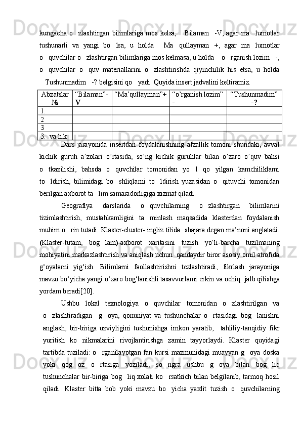 kungacha   o zlashtirgan   bilimlariga   mos   kelsa,   Bilaman -V,   agar   ma lumotlar   
tushunarli   va   yangi   bo lsa,   u   holda   Ma qullayman +,   agar   ma lumotlar	
    
o quvchilar o zlashtirgan bilimlariga mos kelmasa, u holda  o rganish lozim -,	
    
o quvchilar   o quv   materiallarini   o zlashtirishda   qiyinchilik   his   etsa,   u   holda
  
Tushunmadim -? belgisini qo yadi. Quyida insert jadvalini keltiramiz.
  
Abzatslar
№ “Bilaman”-
V “Ma’qullayman” + “o’rganish lozim”
- “Tushunmadim”
- ?
1.
2
3
3. va h.k
Dars   jarayonida   insertdan   foydalanishning   afzallik   tomoni   shundaki,   avval
kichik   guruh   a’zolari   o’rtasida,   so’ng   kichik   guruhlar   bilan   o’zaro   o’quv   bahsi
o tkazilishi,   bahsda   o quvchilar   tomonidan   yo l   qo yilgan   kamchiliklarni
   
to ldirish,   bilimidagi   bo shliqlarni   to ldirish   yuzasidan   o qituvchi   tomonidan
   
berilgan axborot ta lim samaradorligiga xizmat qiladi.	

Geografiya   darslarida   o quvchilarning   o zlashtirgan   bilimlarini	
 
tizimlashtirish,   mustahkamligini   ta minlash   maqsadida   klasterdan   foydalanish

muhim o rin tutadi.  	
 Klaster - cluster -   ingliz   tilida     shajara   degan   ma ’ noni   anglatadi .
( Klaster-tutam,   bog lam	
 )- axborot   xaritasini   tuzish   yо‘li-barcha   tuzilmaning
mohiyatini markazlashtirish va aniqlash uchun  qandaydir biror asosiy omil atrofida
g‘oyalarni   yig‘ish.   Bilimlarni   faollashtirishni   tezlashtiradi,   fikrlash   jarayoniga
mavzu bо‘yicha yangi о‘zaro bog‘lanishli tasavvurlarni erkin va ochiq    jalb qilishga
yordam beradi [ 20 ] . 
Ushbu   lokal   texnologiya   o quvchilar   tomonidan   o zlashtirilgan   va	
 
o zlashtiradigan     g oya,   qonuniyat   va   tushunchalar   o rtasidagi   bog lanishni	
   
anglash,   bir-biriga   uzviyligini   tushunishga   imkon   yaratib,     tahliliy-tanqidiy   fikr
yuritish   ko nikmalarini   rivojlantirishga   zamin   tayyorlaydi.   Klaster   quyidagi	

tartibda tuziladi:  o rganilayotgan fan kursi  mazmunidagi  muayyan g oya  doska	
 
yoki   qog oz   o rtasiga   yoziladi,   so ngra   ushbu   g oya   bilan   bog liq	
    
tushunchalar   bir-biriga   bog liq  xolati   ko rsatkich   bilan   belgilanib,  tarmoq  hosil	
 
qiladi.   Klaster   bitta   bob   yoki   mavzu   bo yicha   yaxlit   tuzish   o quvchilarning	
  