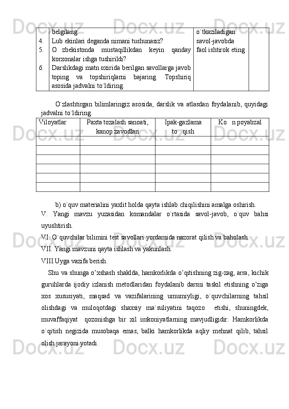 4.
5.
6. belgilang.
Lub ekinlari deganda nimani tushunasiz? 
O zbekistonda   mustaqillikdan   keyin   qanday
korxonalar ishga tushirildi?
Darslikdagi matn oxirida berilgan savollarga javob
toping   va   topshiriqlarni   bajaring.   Topshiriq
asosida jadvalni to`ldiring. o`tkaziladigan
savol-javobda
faol ishtirok eting
  
O`zlashtirgan   bilimlaringiz   asosida,   darslik   va   atlasdan   foydalanib,   quyidagi
jadvalni to`ldiring.
Viloyatlar Paxta tozalash sanoati,
kanop zavodlari Ipak-gazlama
to qish	
 Ko n poyabzal	

b )  o ` quv   materialini   yaxlit   holda   qayta   ishlab   chiqilishini   amalga   oshirish .  
V .   Yangi   mavzu   yuzasidan   komandalar   o ` rtasida   savol - javob ,   o ` quv   bahsi
uyushtirish .
VI .  O ` quvchilar   bilimini   test   savollari   yordamida   nazorat   qilish   va   baholash .
VII .  Yangi   mavzuni   qayta   ishlash   va   yakunlash .
VIII . Uyga   vazifa   berish .
Shu   va   shunga   o ’ xshash   shaklda ,   hamkorlikda   o ’ qitishning   zig - zag ,   arra ,   kichik
guruhlarda   ijodiy   izlanish   metodlaridan   foydalanib   darsni   taskil   etishning   o ’ ziga
xos   xususiyati ,   maqsad   va   vazifalarining   umumiyligi,   o`quvchilar ning   tahsil
olishdagi   va   muloqotdagi   shaxsiy   ma`suliyatini   taqozo     etishi,   shuningdek,
muvaffaqiyat     qozonishga   bir   xil   imkoniyatlarning   mavjudligidir.   Hamkorlikda
o`qitish   negizida   musobaqa   emas,   balki   hamkorlikda   aqliy   mehnat   qilib,   tahsil
olish jarayoni yotadi.
                                                                                           