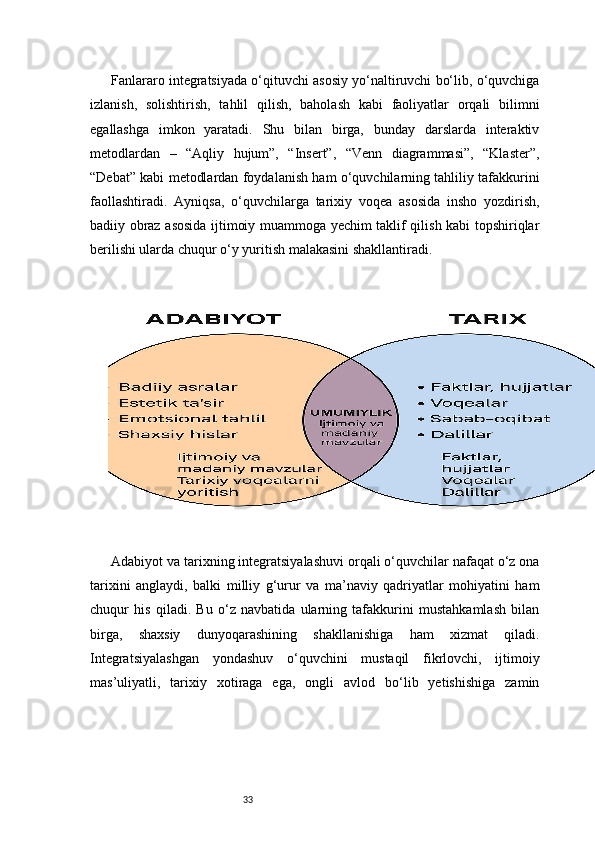 33Fanlararo integratsiyada o‘qituvchi asosiy yo‘naltiruvchi bo‘lib, o‘quvchiga
izlanish,   solishtirish,   tahlil   qilish,   baholash   kabi   faoliyatlar   orqali   bilimni
egallashga   imkon   yaratadi.   Shu   bilan   birga,   bunday   darslarda   interaktiv
metodlardan   –   “Aqliy   hujum”,   “Insert”,   “Venn   diagrammasi”,   “Klaster”,
“Debat” kabi metodlardan foydalanish ham o‘quvchilarning tahliliy tafakkurini
faollashtiradi.   Ayniqsa,   o‘quvchilarga   tarixiy   voqea   asosida   insho   yozdirish,
badiiy obraz asosida ijtimoiy muammoga yechim taklif qilish kabi topshiriqlar
berilishi ularda chuqur o‘y yuritish malakasini shakllantiradi.
Adabiyot va tarixning integratsiyalashuvi orqali o‘quvchilar nafaqat o‘z ona
tarixini   anglaydi,   balki   milliy   g‘urur   va   ma’naviy   qadriyatlar   mohiyatini   ham
chuqur   his   qiladi.   Bu   o‘z   navbatida   ularning   tafakkurini   mustahkamlash   bilan
birga,   shaxsiy   dunyoqarashining   shakllanishiga   ham   xizmat   qiladi.
Integratsiyalashgan   yondashuv   o‘quvchini   mustaqil   fikrlovchi,   ijtimoiy
mas’uliyatli,   tarixiy   xotiraga   ega,   ongli   avlod   bo‘lib   yetishishiga   zamin 