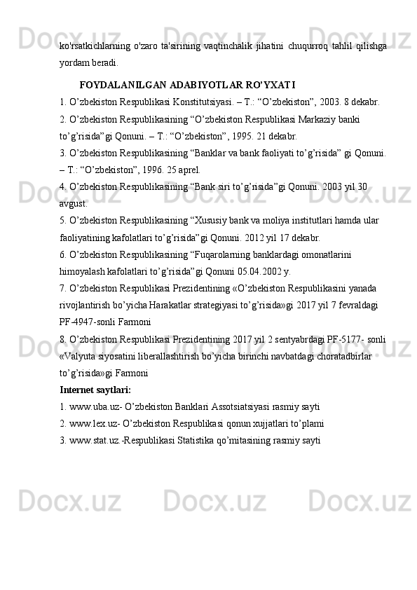 ko'rsatkichlarning   o'zaro   ta'sirining   vaqtinchalik   jihatini   chuqurroq   tahlil   qilishga
yordam beradi.
FOYDALANILGAN ADABIYOTLAR RO’YXATI
1. O’zbekiston Respublikasi Konstitutsiyasi. – T.: “O’zbekiston”, 2003. 8 dekabr.
2. O’zbekiston Respublikasining “O’zbekiston Respublikasi Markaziy banki 
to’g’risida”gi Qonuni. – T.: “O’zbekiston”, 1995. 21 dekabr.
3. O’zbekiston Respublikasining “Banklar va bank faoliyati to’g’risida” gi Qonuni.
– T.: “O’zbekiston”, 1996. 25 aprel.
4. O’zbekiston Respublikasining “Bank siri to’g’risida”gi Qonuni. 2003 yil 30 
avgust.
5. O’zbekiston Respublikasining “Xususiy bank va moliya institutlari hamda ular 
faoliyatining kafolatlari to’g’risida”gi Qonuni. 2012 yil 17 dekabr.
6. O’zbekiston Respublikasining “Fuqarolarning banklardagi omonatlarini 
himoyalash kafolatlari to’g’risida”gi Qonuni 05.04.2002 y.
7. O’zbekiston Respublikasi Prezidentining «O’zbekiston Respublikasini yanada 
rivojlantirish bo’yicha Harakatlar strategiyasi to’g’risida»gi 2017 yil 7 fevraldagi 
PF-4947-sonli   Farmoni
8. O’zbekiston Respublikasi Prezidentining 2017 yil 2 sentyabrdagi PF-5177- sonli
«Valyuta siyosatini liberallashtirish bo’yicha birinchi navbatdagi choratadbirlar 
to’g’risida»gi Farmoni
Internet saytlari:
1. www.uba.uz- O’zbekiston Banklari Assotsiatsiyasi   rasmiy sayti
2. www.lex.uz- O’zbekiston Respublikasi qonun xujjatlari to’plami
3. www.stat.uz.-Respublikasi Statistika qo’mitasining rasmiy sayti 