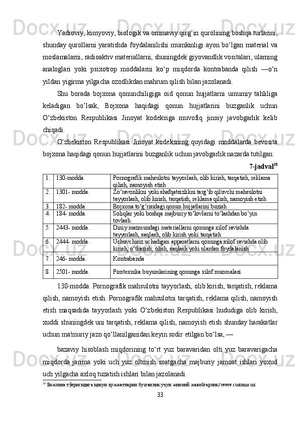Yadroviy, kimyoviy, biologik va ommaviy qirg‘in qurolining boshqa turlarini,
shunday qurollarni yaratishda foydalanilishi mumkinligi ayon bo‘lgan material va
moslamalarni, radioaktiv materiallarni, shuningdek giyovandlik vositalari, ularning
analoglari   yoki   psixotrop   moddalarni   ko‘p   miqdorda   kontrabanda   qilish   —o‘n
yildan yigirma yilgacha ozodlikdan mahrum qilish bilan jazolanadi.
Shu   borada   bojxona   qonunchiligiga   oid   qonun   hujjatlarni   umumiy   tahliliga
keladigan   bo’lsak,   Bojxona   haqidagi   qonun   hujjatlarini   buzganlik   uchun
O‘zbekiston   Respublikasi   Jinoyat   kodeksiga   muvofiq   jinoiy   javobgarlik   kelib
chiqadi.
O‘zbekiston   Respublikasi   Jinoyat   kodeksning   quyidagi   moddalarda   bevosita
bojxona haqidagi qonun hujjatlarini buzganlik uchun javobgarlik nazarda tutilgan:
7-jadval 30
1. 130-modda. Pornografik mahsulotni tayyorlash, olib kirish, tarqatish, reklama 
qilish, namoyish etish
2. 1301- modda. Zo‘ravonlikni yoki shafqatsizlikni targ‘ib qiluvchi mahsulotni 
tayyorlash, olib kirish, tarqatish, reklama qilish, namoyish etish
3. 182- modda. Bojxona to‘g‘risidagi qonun hujjatlarini buzish
4. 184- modda. Soliqlar yoki boshqa majburiy to‘lovlarni to‘lashdan bo‘yin 
tovlash.
5. 2443- modda. Diniy mazmundagi materiallarni qonunga xilof ravishda 
tayyorlash, saqlash, olib kirish yoki tarqatish
6. 2444- modda. Uchuvchisiz uchadigan apparatlarni qonunga xilof ravishda olib 
kirish, o‘tkazish, olish, saqlash yoki ulardan foydalanish
7. 246- modda. Kontrabanda
8. 2501- modda. Pirotexnika buyumlarining qonunga xilof muomalasi
130-modda. Pornografik mahsulotni tayyorlash, olib kirish, tarqatish, reklama
qilish, namoyish etish. Pornografik mahsulotni tarqatish, reklama qilish, namoyish
etish   maqsadida   tayyorlash   yoki   O‘zbekiston   Respublikasi   hududiga   olib   kirish,
xuddi shuningdek uni tarqatish, reklama qilish, namoyish etish shunday harakatlar
uchun ma'muriy jazo qo‘llanilganidan keyin sodir etilgan bo‘lsa, —
bazaviy   hisoblash   miqdorining   to‘rt   yuz   baravaridan   olti   yuz   baravarigacha
miqdorda   jarima   yoki   uch   yuz   oltmish   soatgacha   majburiy   jamoat   ishlari   yoxud
uch yilgacha axloq tuzatish ishlari bilan jazolanadi.
30
 Божхона тўғрисидага қонун ҳужжатларни бузганлик учун жиноий жавобгарлик/ www.customs.uz   
33