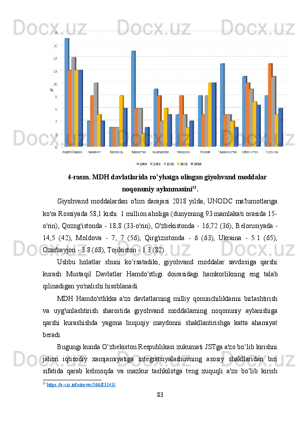 4-rasm. MDH davlatlarida ro’yhatga olingan giyohvand moddalar
noqonuniy aylanmasini 53
.
Giyohvand   moddalardan   o'lim   darajasi   2018   yilda ,   UNODC   ma'lumotlariga
ko'ra Rossiyada 58,1 kishi. 1 million aholiga (dunyoning 93 mamlakati orasida 15-
o'rin), Qozog'istonda - 18,8 (33-o'rin), O'zbekistonda - 16,72 (36), Belorusiyada -
14,5   (42),   Moldova   -   7,   7   (56),   Qirg'izistonda   -   6   (63),   Ukraina   -   5.1   (65),
Ozarbayjon - 3.8 (68), Tojikiston - 1.3 (82).
Ushbu   holatlar   shuni   ko’rsatadiki,   giyohvand   moddalar   savdosiga   qarshi
kurash   Mustaqil   Davlatlar   Hamdo'stligi   doirasidagi   hamkorlikning   eng   talab
qilinadigan yo'nalishi hisoblanadi.
MDH   Hamdo'stlikka   a'zo   davlatlarning   milliy   qonunchiliklarini   birlashtirish
va   uyg'unlashtirish   sharoitida   giyohvand   moddalarning   noqonuniy   aylanishiga
qarshi   kurashishda   yagona   huquqiy   maydonni   shakllantirishga   katta   ahamiyat
beradi.
Bugungi kunda O‘zbekiston Respublikasi xukumati JSTga a'zo bo‘lib kirishni
jahon   iqtisodiy   xamjamiyatiga   integratsiyalashuvning   asosiy   shakllaridan   biri
sifatida   qarab   kelmoqda   va   mazkur   tashkilotga   teng   xuquqli   a'zo   bo‘lib   kirish
53
  https://e-cis.info/news/566/83143/  
83 