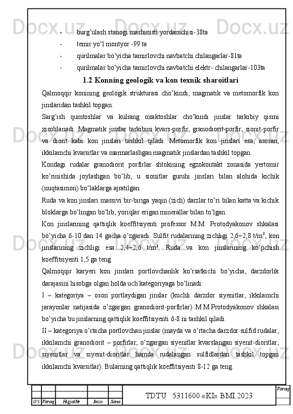 - burg’ulash stanogi mashinisti yordamchisi-38ta
- temir yo’l montyor -99 ta
- qurilmalar bo’yicha tamirlovchi navbatchi chilangarlar-81ta
- qurilmalar bo’yicha tamirlovchi navbatchi elektr- chilangarlar-103ta
1.2  Konning geologik va kon texnik sharoitlari
Qalmoqqir   konining   geologik   strukturasi   cho’kindi,   magmatik   va   metomorfik   kon
jinslaridan tashkil topgan. 
Sarg’ish   qumtoshlar   va   kulrang   oxaktoshlar   cho’kindi   jinslar   tarkibiy   qismi
xisoblanadi.   Magmatik   jinslar   tarkibini   kvars-porfir,   granodiorit-porfir,   sionit-porfir
va   diorit   kabi   kon   jinslari   tashkil   qiladi.   Metomorfik   kon   jinslari   esa,   asosan,
ikkilamchi kvarsitlar va marmarlashgan magmatik jinslardan tashkil topgan. 
Kondagi   rudalar   granodiorit   porfirlar   shtokining   egzokontakt   zonasida   yertomir
ko’rinishida   joylashgan   bo’lib,   u   sionitlar   guruhi   jinslari   bilan   alohida   kichik
(nuqtasimon) bo’laklarga ajratilgan.
Ruda va kon jinslari massivi bir-biriga yaqin (zich) darzlar to’ri bilan katta va kichik
bloklarga bo’lingan bo’lib, yoriqlar erigan minerallar bilan to’lgan.
Kon   jinslarining   qattiqlik   koeffitsiyenti   professor   M.M.   Protodyakonov   shkalasi
bo’yicha 6-10 dan 14 gacha o’zgaradi. Sulfit rudalarining zichligi 2,6÷2,8 t/m 3
, kon
jinslarining   zichligi   esa   2,4÷2,6   t/m 3
.   Ruda   va   kon   jinslarining   ko’pchish
koeffitsiyenti 1,5 ga teng. 
Qalmoqqir   karyeri   kon   jinslari   portlovchanlik   ko’rsatkichi   bo’yicha,   darzdorlik
darajasini hisobga olgan holda uch kategoriyaga bo’linadi: 
I   –   kategoriya   –   oson   portlaydigan   jinslar   (kuchli   darzdor   siyenitlar,   ikkilamchi
jarayonlar   natijasida   o’zgargan   granodiorit-porfirlar)   M.M.Protodyakonov   shkalasi
bo’yicha bu jinslarning qattiqlik koeffitsiyenti 6-8 ni tashkil qiladi.    
II – kategoriya o’rtacha portlovchan jinslar (mayda va o’rtacha darzdor sulfid rudalar,
ikkilamchi   granodiorit   –   porfirlar,   o’zgargan   siyenitlar   kvarslangan   siyenit-dioritlar,
siyenitlar   va   siyenit-dioritlar   hamda   rudalangan   sulfidlardan   tashkil   topgan
ikkilamchi kvarsitlar). Bularning qattiqlik koeffitsiyenti 8-12 ga teng.
TDTU   5311600 «KI» BMI.20 2 3 V araq
О‘z Varaq Hujjat№ Imzo Sana 