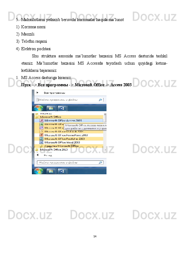5. Mahsulotlarni yetkazib beruvchi korxonalar haqida ma’lunot
1) Korxona nomi
2) Manzili 
3) Telefon raqami
4) Elektron pochtasi
Shu   struktura   asosoida   ma’lumotlar   bazasini   MS   Access   dasturida   tashkil
etamiz.   Ma’lumotlar   bazasini   MS   Accessda   tayorlash   uchun   quyidagi   ketma-
ketliklarni bajaramiz:
1. MS Access dasturiga kiramiz: 
Пуск  - >  Все   программы  - > Microsoft Office -> Access 2003
14 
