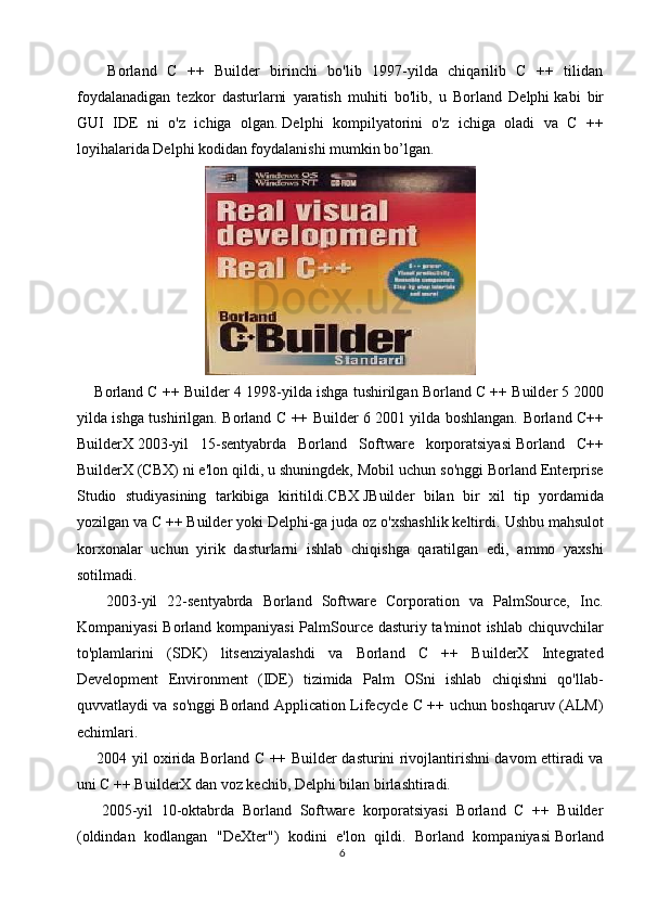       Borland   C   ++   Builder   birinchi   bo'lib   1997-yilda   chiqarilib   C   ++   tilidan
foydalanadigan   tezkor   dasturlarni   yaratish   muhiti   bo'lib,   u   Borland   Delphi   kabi   bir
GUI   IDE   ni   o'z   ichiga   olgan.   Delphi   kompilyatorini   o'z   ichiga   oladi   va   C   ++
loyihalarida Delphi kodidan foydalanishi mumkin bo’lgan.  
     Borland C ++ Builder 4 1998- yilda ishga tushirilgan  Borland C ++ Builder 5   2000
yilda ishga tushirilgan.   Borland C ++ Builder 6   2001 yilda boshlangan.   Borland C++
BuilderX   2003-yil   15-sentyabrda   Borland   Software   korporatsiyasi   Borland   C++
BuilderX   (CBX) ni e'lon qildi, u shuningdek, Mobil uchun so'nggi Borland Enterprise
Studio   studiyasining   tarkibiga   kiritildi.CBX   JBuilder   bilan   bir   xil   tip   yordamida
yozilgan   va C ++ Builder yoki Delphi-ga juda oz o'xshashlik keltirdi.   Ushbu mahsulot
korxonalar   uchun   yirik   dasturlarni   ishlab   chiqishga   qaratilgan   edi,   ammo   yaxshi
sotilmadi.
      2003-yil   22-sentyabrda   Borland   Software   Corporation   va   PalmSource,   Inc.
Kompaniyasi Borland kompaniyasi  PalmSource dasturiy ta'minot ishlab chiquvchilar
to'plamlarini   (SDK)   litsenziyalashdi   va   Borland   C   ++   BuilderX   Integrated
Development   Environment   (IDE)   tizimida   Palm   OSni   ishlab   chiqishni   qo'llab-
quvvatlaydi va so'nggi Borland Application Lifecycle C ++ uchun boshqaruv (ALM)
echimlari.
       2004 yil oxirida Borland C ++ Builder dasturini rivojlantirishni davom ettiradi va
uni   C ++ BuilderX dan voz kechib,   Delphi bilan birlashtiradi. 
      2005-yil   10-oktabrda   Borland   Software   korporatsiyasi   Borland   C   ++   Builder
(oldindan   kodlangan   "DeXter")   kodini   e'lon   qildi.   Borland   kompaniyasi   Borland
6 