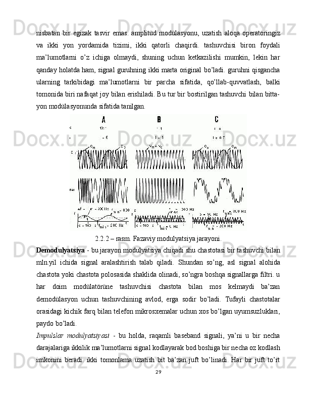 nisbatan   bir   egizak   tasvir   emas.   amplitüd   modülasyonu,   uzatish   aloqa   operatoringiz
va   ikki   yon   yordamida   tizimi,   ikki   qatorli   chaqirdi.   tashuvchisi   biron   foydali
ma’lumotlarni   o’z   ichiga   olmaydi,   shuning   uchun   ketkazilishi   mumkin,   lekin   har
qanday holatda ham, signal guruhning ikki marta original bo’ladi. guruhni qisgancha
ularning   tarkibidagi   ma’lumotlarni   bir   parcha   sifatida,   qo’llab-quvvatlash,   balki
tomonida biri nafaqat joy bilan erishiladi. Bu tur bir bostirilgan tashuvchi bilan bitta-
yon modülasyonunda sifatida tanilgan.
2.2.2 – rasm. Fazaviy modulyatsiya jarayoni.
Demodulyatsiya  - bu jarayon modulyatsiya chiqadi shu chastotasi bir tashuvchi bilan
mln.yil   ichida   signal   aralashtirish   talab   qiladi.   Shundan   so’ng,   asl   signal   alohida
chastota yoki chastota polosasida shaklida olinadi, so’ngra boshqa signallarga filtri. u
har   doim   modülatörüne   tashuvchisi   chastota   bilan   mos   kelmaydi   ba’zan
demodülasyon   uchun   tashuvchining   avlod,   erga   sodir   bo’ladi.   Tufayli   chastotalar
orasidagi kichik farq bilan telefon mikrosxemalar uchun xos bo’lgan uyumsuzlukları,
paydo   bo’ladi. 
Impulslar   modulyatsiyasi   -   bu   holda,   raqamli   baseband   signali,   ya’ni   u   bir   necha
darajalariga ikkilik ma’lumotlarni signal kodlayarak bod boshiga bir necha oz kodlash
imkonini   beradi.   ikki   tomonlama   uzatish   bit   ba’zan   juft   bo’linadi.   Har   bir   juft   to’rt
29 
