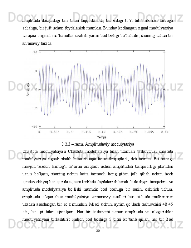 amplituda   darajadagi   biri   bilan   taqqoslanadi,   bu   erdagi   to’rt   bit   birikmasi   tartibga
solishga, bir juft uchun foydalanish mumkin. Bunday kodlangan signal modulyatsiya
darajasi original ma’lumotlar uzatish yarim bod tezligi bo’lishidir, shuning uchun bir
an’anaviy tarzda
2.2.3 – rasm. Amplitudaviy modulyatsiya
Chastota   modulyatsiyasi   Chastot a   modultatsiya   bilan   tizimlari   tashuvchisi   chastota
modulyatsiya   signali   shakli   bilan   shunga   ko’ra   farq   qiladi,   deb   taxmin.   Bu   turdagi
mavjud   telefon   tarmog’i   ta’sirini   aniqlash   uchun   amplitudali   barqarorligi   jihatidan
ustun   bo’lgan,   shuning   uchun   katta   tarmoqli   kengligidan   jalb   qilish   uchun   hech
qanday ehtiyoj bor qaerda u, kam tezlikda foydalanish kerak. birlashgan bosqichini va
amplituda   modulyatsiya   bo’lishi   mumkin   bod   boshiga   bit   sonini   oshirish   uchun.
amplituda   o’zgarishlar   modulyatsiya   zamonaviy   usullari   biri   sifatida   multicarrier
uzatish asoslangan  bir  so’z mumkin. Misol  uchun, ayrim  qo’llash  tashuvchisi  48 45
edi,   bir   ipi   bilan   ajratilgan.   Har   bir   tashuvchi   uchun   amplituda   va   o’zgarishlar
modulyatsiyani   birlashtirib   imkon   bod   boshiga   5   bitni   ko’tarib   qilish,   har   bir   Bod
30 