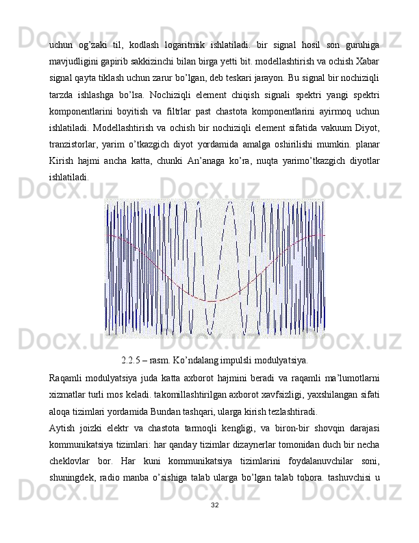 uchun   og’zaki   til,   kodlash   logaritmik   ishlatiladi.   bir   signal   hosil   son   guruhiga
mavjudligini gapirib sakkizinchi bilan birga yetti bit. modellashtirish va ochish Xabar
signal qayta tiklash uchun zarur bo’lgan, deb teskari jarayon. Bu signal bir nochiziqli
tarzda   ishlashga   bo’lsa.   Nochiziqli   element   chiqish   signali   spektri   yangi   spektri
komponentlarini   boyitish   va   filtrlar   past   chastota   komponentlarini   ayirmoq   uchun
ishlatiladi.   Modellashtirish   va   ochish   bir   nochiziqli   element   sifatida   vakuum   Diyot,
tranzistorlar,   yarim   o’tkazgich   diyot   yordamida   amalga   oshirilishi   mumkin.   planar
Kirish   hajmi   ancha   katta,   chunki   An’anaga   ko’ra,   nuqta   yarimo’tkazgich   diyotlar
ishlatiladi.
2.2.5 – rasm. Ko’ndalang impulsli modulyatsiya.
Raqamli   modulyatsiya   juda   katta   axborot   hajmini   beradi   va   raqamli   ma’lumotlarni
xizmatlar turli mos keladi. takomillashtirilgan axborot xavfsizligi, yaxshilangan sifati
aloqa tizimlari yordamida Bundan tashqari, ularga kirish tezlashtiradi.
Aytish   joizki   elektr   va   chastota   tarmoqli   kengligi,   va   biron-bir   shovqin   darajasi
kommunikatsiya tizimlari: har qanday tizimlar dizaynerlar tomonidan duch bir necha
cheklovlar   bor.   Har   kuni   kommunikatsiya   tizimlarini   foydalanuvchilar   soni,
shuningdek,   radio   manba   o’sishiga   talab   ularga   bo’lgan   talab   tobora.   tashuvchisi   u
32 