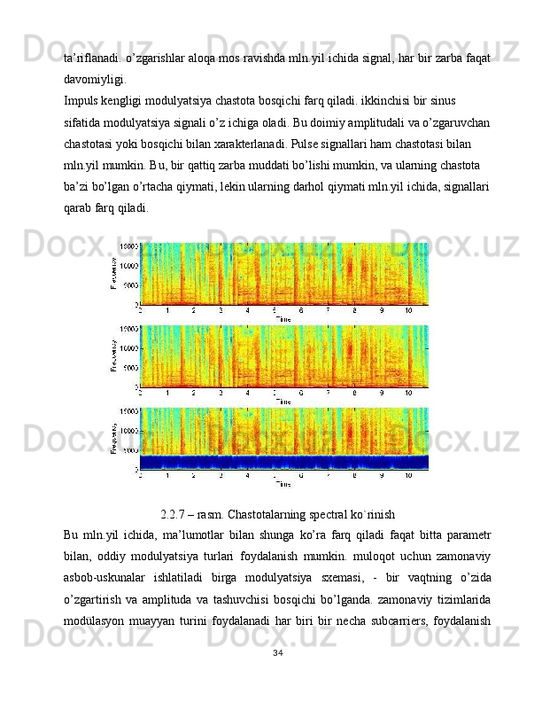 ta’riflanadi. o’zgarishlar aloqa mos ravishda mln.yil ichida signal, har bir zarba faqat
davomiyligi.
Impuls kengligi modulyatsiya chastota bosqichi farq qiladi. ikkinchisi bir sinus 
sifatida modulyatsiya signali o’z ichiga oladi. Bu doimiy amplitudali va o’zgaruvchan
chastotasi yoki bosqichi bilan xarakterlanadi. Pulse signallari ham chastotasi bilan 
mln.yil mumkin. Bu, bir qattiq zarba muddati bo’lishi mumkin, va ularning chastota 
ba’zi bo’lgan   o’rtacha qiymati,   lekin ularning darhol qiymati mln.yil ichida, signallari
qarab farq qiladi.
2.2.7 – rasm. Chastotalarning spectral ko`rinish
Bu   mln.yil   ichida,   ma’lumotlar   bilan   shunga   ko’ra   farq   qiladi   faqat   bitta   parametr
bilan,   oddiy   modulyatsiya   turlari   foydalanish   mumkin.   muloqot   uchun   zamonaviy
asbob-uskunalar   ishlatiladi   birga   modulyatsiya   sxemasi,   -   bir   vaqtning   o’zida
o’zgartirish   va   amplituda   va   tashuvchisi   bosqichi   bo’lganda.   zamonaviy   tizimlarida
modülasyon   muayyan   turini   foydalanadi   har   biri   bir   necha   subcarriers,   foydalanish
34 