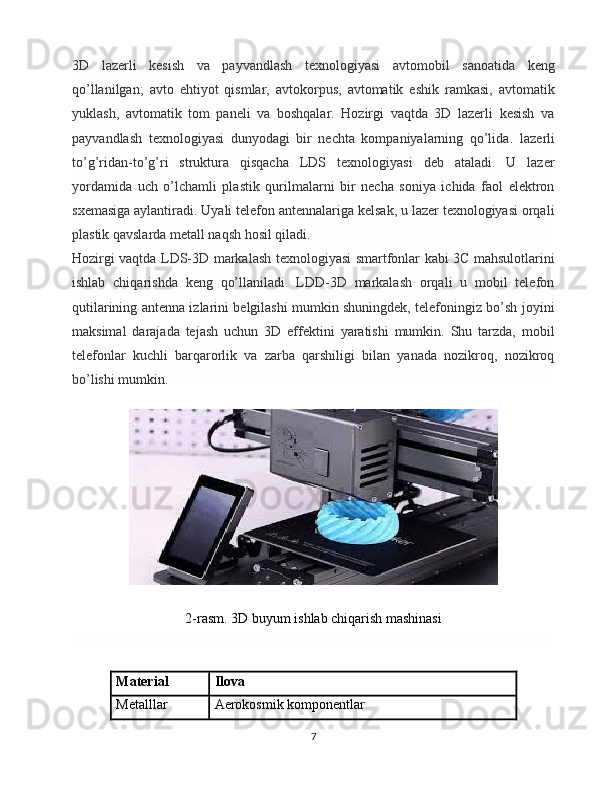 3D   lazerli   kesish   va   payvandlash   texnologiyasi   avtomobil   sanoatida   keng
qo’llanilgan;   avto   ehtiyot   qismlar,   avtokorpus,   avtomatik   eshik   ramkasi,   avtomatik
yuklash,   avtomatik   tom   paneli   va   boshqalar.   Hozirgi   vaqtda   3D   lazerli   kesish   va
payvandlash   texnologiyasi   dunyodagi   bir   nechta   kompaniyalarning   qo’lida .   lazerli
to’g’ridan-to’g’ri   struktura   qisqacha   LDS   texnologiyasi   deb   ataladi.   U   lazer
yordamida   uch   o’lchamli   plastik   qurilmalarni   bir   necha   soniya   ichida   faol   elektron
sxemasiga aylantiradi. Uyali telefon antennalariga kelsak, u lazer texnologiyasi orqali
plastik qavslarda metall naqsh hosil qiladi.
Hozirgi vaqtda LDS-3D markalash texnologiyasi smartfonlar kabi 3C mahsulotlarini
ishlab   chiqarishda   keng   qo’llaniladi.   LDD-3D   markalash   orqali   u   mobil   telefon
qutilarining antenna izlarini belgilashi mumkin shuningdek, telefoningiz bo’sh joyini
maksimal   darajada   tejash   uchun   3D   effektini   yaratishi   mumkin.   Shu   tarzda,   mobil
telefonlar   kuchli   barqarorlik   va   zarba   qarshiligi   bilan   yanada   nozikroq,   nozikroq
bo’lishi mumkin.
2-rasm. 3D buyum ishlab chiqarish mashinasi
Material Ilova
Metalllar Aerokosmik komponentlar
7 