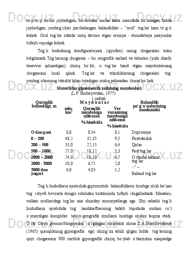 to`p-to`p   bo`lib   joylashgan,   bir-biridan   uncha   katta   masofada   bo`lmagan   holda
joylashgan,   yonbag`irlari   parchalangan   balandliklar   –   “orol”   tog`lar   ham   to`g`ri
keladi.   Orol   tog`lar   odatda   uzoq   davom   etgan   eroziya   -   denudatsiya   jarayonlar
tufayli vujudga keladi.
Tog`li   hududning   konfiguratsiyasi   (qiyofasi)   uning   chegaralari   bilan
belgilanadi.Tog`larning   chegarasi   –   bu   orografik   sarhad   va   tabiatan   (yoki   shartli
tasavvur   qilinadigan)   chiziq   bo`lib,   u   tog`lar   band   etgan   maydonlarning
chegarasini   hosil   qiladi.   Tog`lar   va   tekisliklarning   chegaralari   tog`
yonbag`irlarining tekislik bilan tutashgan oraliq palasadan  iborat bo`ladi.
Materiklar gipsometrik sathining maydonlari
                                         (L.P.Shubayevdan, 1977)
1-jadval.
Quruqlik
balandligi, m M a y d o n l a r Balandlik
po`g`o`nalarining
namlanishimln.
km 2 Quruqlik
maydoniga
nisbatan
% hisobida Yer
yuzasining
maydoniga
nisbatan
% hisobida
O dan past
0 – 200
200 – 500
500 – 1000
1000 – 2000
2000 - 3000
3000 dan 
yuqori 0,8
48,2
33,0
27,0
24,0
10,0
6,0 0,54
32,35
22,15
18,12
16,10
6,71
4,03 0,1
9,5
6,4
5,3
4,7
2,0
1,2 Depressiya
Pasttekislik
Qirlar
Past tog`lar
O`rtacha baland 
tog`lar
- “ –
Baland tog`lar
Tog`li hududlarni ajratishda gipsometrik  balandliklarni hisobga olish ba’zan
tog`   relyefi   bevosita   dengiz   sohilidan   boshlanishi   tufayli   chigallashadi.   Masalan,
vulkan   orollaridagi   tog`lar   ana   shunday   xususiyatlarga   ega.   Shu   sababli   tog`li
hududlarni   ajratishda   tog`   landshaftlarining   tarkib   topishida   muhim   ro`l
o`ynaydigan   kompleks     tabiiy-geografik   omillarni   hisobga   olishni   taqoza   etadi.
O`rta   Osiyo   geomorfologiyasini     o`rgangan   rossiyalik   olima   Z.A.Svarchevskaya
(1965)   quruqlikning   gipsografik     egri   chizig`ini   tahlil   qilgan   holda     tog`larning
quyi   chegarasini   900   metrlik   gipsografik   chiziq   bo`ylab   o`tkazishni   maqsadga 