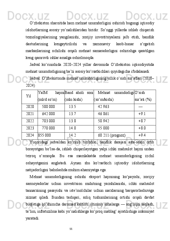 11O‘zbekiston sharoitida ham mehnat unumdorligini oshirish bugungi iqtisodiy
islohotlarning   asosiy   yo‘nalishlaridan   biridir.   So‘nggi   yillarda   ishlab   chiqarish
texnologiyalarining   yangilanishi,   xorijiy   investitsiyalarni   jalb   etish,   bandlik
dasturlarining   kengaytirilishi   va   zamonaviy   kasb-hunar   o‘rgatish
markazlarining   ochilishi   orqali   mehnat   samaradorligini   oshirishga   qaratilgan
keng qamrovli ishlar amalga oshirilmoqda.
Jadval   ko‘rinishida   2020–2024   yillar   davomida   O‘zbekiston   iqtisodiyotida
mehnat unumdorligining ba’zi asosiy ko‘rsatkichlari quyidagicha ifodalanadi:
Jadval: O‘zbekistonda mehnat unumdorligining yillik o‘sish sur’atlari (2020–
2024)
Yil YaIM   hajmi
(mlrd so‘m) Band   aholi   soni
(mln kishi) Mehnat   unumdorligi
(so‘m/kishi) O‘sish
sur’ati (%)
2020 580 000 13.5 42 963 —
2021 642 000 13.7 46 861 +9.1
2022 703 000 13.8 50 942 +8.7
2023 770 000 14.0 55 000 +8.0
2024 855 000 14.2 60 211 (prognoz) +9.4
Yuqoridagi   jadvaldan   ko‘rinib   turibdiki,   bandlik   darajasi   asta-sekin   ortib
borayotgan bo‘lsa-da, ishlab chiqarilayotgan yalpi ichki mahsulot hajmi undan
tezroq   o‘smoqda.   Bu   esa   mamlakatda   mehnat   unumdorligining   izchil
oshayotganini   anglatadi.   Aynan   shu   ko‘rsatkich   iqtisodiy   islohotlarning
natijadorligini baholashda muhim ahamiyatga ega.
Mehnat   unumdorligining   oshishi   eksport   hajmining   ko‘payishi,   xorijiy
sarmoyadorlar   uchun   investitsion   muhitning   yaxshilanishi,   ichki   mahsulot
tannarxining   pasayishi   va   iste’molchilar   uchun   narxlarning   barqarorlashuviga
xizmat   qiladi.   Bundan   tashqari,   soliq   tushumlarining   ortishi   orqali   davlat
budjetiga qo‘shimcha daromad keltirib, ijtimoiy sohalarga — sog‘liqni saqlash,
ta’lim, infratuzilma kabi yo‘nalishlarga ko‘proq mablag‘ ajratilishiga imkoniyat
yaratadi. 