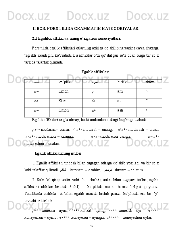 II BOB. FORS TILIDA GRAMMATIK KATEGORIYALAR 
2.1.Egalikk affiksi va uning o’ziga xos xususiyatlari.
Fors tilida egalik affikslari otlarning oxiriga qo‘shilib narsaning qaysi shaxsga
tegishli ekanligini ko‘rsatadi. Bu affikslar o‘zi qo‘shilgan so‘z bilan birga bir so‘z
tarzida talaffuz qilinadi.
Egalik affikslari
عمج ko‘plik درفم birlik shaxs
نام Emon م am ۱
نات Eton ت at ۲
ناش Eshon ش ash ۳
Egalik affikslari urg‘u olmay, balki undandan oldingi bug‘inga tushadi. 
مردام   modaram–   onam,     تردام   modarat   –   onang,       شردام   modarash   –   onasi,
نامردام   modaremon   –   onamiz,                     ناتردام modareton   oangiz,                     ناشردام
modareshon – onalari.             
Egalik affikslarining imlosi
1. Egalik affikslari undosh bilan tugagan otlarga qo‘shib yoziladi va bir so‘z
kabi talaffuz qilinadi.  مباتک      ketobam – kitobim,    متسود     dustam – do’stim.
2. So‘z "e"  qisqa unlisi  yoki    "i"   cho‘ziq unlisi  bilan tugagan bo‘lsa, egalik
affikslari   oldidan   birlikda   ا   alif,         ko‘plikda   esa   ء     hamza   belgisi   qo‘yiladi.
Talaffuzda   birlikda     ot   bilan   egalik   orasida   kichik   pauza,   ko‘plikda   esa   bir   "y"
tovushi orttiriladi. 
ما هناخ   xoneam – uyim,  تا هناخ   xoneat – uying,  تا هناخ    xoneash – uyi,      نام هناخ
xoneyemon – uyimi,  نات هناخ    xoneyeton – uyingiz,   ناش هناخ      xoneyeshon uylari. 
12