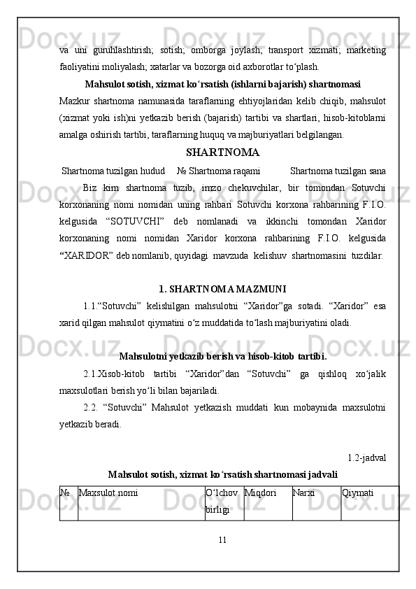 va   uni   guruhlashtirish;   sotish;   omborga   joylash;   transport   xizmati;   marketing
faoliyatini moliyalash; xatarlar va bozorga oid axborotlar to plash.ʻ
Mahsulot sotish, xizmat ko ʻ rsatish (ishlarni bajarish) shartnomasi
Mazkur   shartnoma   namunasida   taraflarning   ehtiyojlaridan   kelib   chiqib,   mahsulot
(xizmat   yoki   ish)ni   yetkazib   berish   (bajarish)   tartibi   va   shartlari,   hisob-kitoblarni
amalga oshirish tartibi, taraflarning huquq va majburiyatlari belgilangan.
SHARTNOMA
Shartnoma tuzilgan hudud     № Shartnoma raqami            Shartnoma tuzilgan sana
Biz   kim   shartnoma   tuzib,   imzo   chekuvchilar,   bir   tomondan   Sotuvchi
korxonaning   nomi   nomidan   uning   rahbari   Sotuvchi   korxona   rahbarining   F.I.O.
kelgusida   “SOTUVCHI”   deb   nomlanadi   va   ikkinchi   tomondan   Xaridor
korxonaning   nomi   nomidan   Xaridor   korxona   rahbarining   F.I.O.   kelgusida
“ XARIDOR” deb nomlanib, quyidagi  mavzuda  kelishuv  shartnomasini  tuzdilar.
1. SHARTNOMA MAZMUNI
1.1.“Sotuvchi”   kelishilgan   mahsulotni   “Xaridor”ga   sotadi.   “Xaridor”   esa
xarid qilgan mahsulot qiymatini o z muddatida to lash majburiyatini oladi.	
ʻ ʻ
Mahsulotni yetkazib berish va hisob-kitob tartibi.
2.1.Xisob-kitob   tartibi   “Xaridor”dan   “Sotuvchi”   ga   qishloq   xo jalik	
ʻ
maxsulotlari berish yo li bilan bajariladi.	
ʻ
2.2.   “Sotuvchi”   Mahsulot   yetkazish   muddati   kun   mobaynida   maxsulotni
yetkazib beradi.
1.2-jadval
Mahsulot sotish, xizmat ko ʻ rsatish shartnomasi jadvali
№ Maxsulot nomi O lchov	
ʻ
birligi Miqdori Narxi Qiymati
11 
