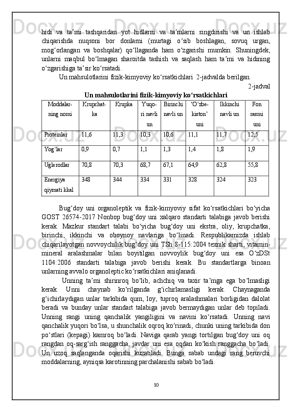 hidi   va   ta mi   tashqaridan   yot   hidlarni   va   ta mlarni   singdirishi   va   un   ishlabʼ ʼ
chiqarishda   nuqsoni   bor   donlarni   (murtagi   o sib   boshlagan,   sovuq   urgan,	
ʻ
mog orlangan   va   boshqalar)   qo llaganda   ham   o zgarishi   mumkin.   Shuningdek,	
ʻ ʻ ʻ
unlarni   maqbul   bo lmagan   sharoitda   tashish   va   saqlash   ham   ta mi   va   hidining	
ʻ ʼ
o zgarishiga ta sir ko rsatadi.	
ʻ ʼ ʻ
Un mahsulotlarini fizik-kimyoviy ko rsatkichlari  2-jadvalda berilgan.	
ʻ
2-jadval
Un mahsulotlarini fizik-kimyoviy ko rsatkichlari	
ʻ
Moddalar-
ning nomi Krupchat-
ka Krupka Yuqo-
ri navli
un Birinchi
navli un ‘O zbe-	
ʻ
kiston’
uni Ikkinchi
navli un Fon
rasmi
uni
Proteinlar 11,6 11,3 10,3 10,6 11,1 11,7 12,5
Yog lar	
ʻ 0,9 0,7 1,1 1,3 1,4 1,8 1,9
Uglerodlar 70,8 70,3 68,7 67,1 64,9 62,8 55,8
Energiya
qiymati kkal 348 344 334 331 328 324 323
 
Bug doy   uni   organoleptik   va   fizik-kimyoviy   sifat   ko rsatkichlari   bo yicha	
ʻ ʻ ʻ
GOST   26574-2017   Nonbop   bug doy   uni   xalqaro   standarti   talabiga   javob   berishi	
ʻ
kerak.   Mazkur   standart   talabi   bo yicha   bug doy   uni   ekstra,   oliy,   krupchatka,	
ʻ ʻ
birinchi,   ikkinchi   va   oboynoy   navlariga   bo linadi.   Respublikamizda   ishlab	
ʻ
chiqarilayotgan novvoychilik bug doy uni TSh 8-115:2004 texnik sharti, vitamin-	
ʻ
mineral   aralashmalar   bilan   boyitilgan   novvoylik   bug doy   uni   esa   O zDSt	
ʻ ʻ
1104:2006   standarti   talabiga   javob   berishi   kerak.   Bu   standartlarga   binoan
unlarning avvalo organoleptic ko rsatkichlari aniqlanadi.	
ʻ
  Unning   ta mi   shirinroq   bo lib,   achchiq   va   taxir   ta mga   ega   bo lmasligi	
ʼ ʻ ʼ ʻ
kerak.   Unni   chaynab   ko rilganda   g ichirlamasligi   kerak.   Chaynaganda	
ʻ ʻ
g ichirlaydigan   unlar   tarkibida   qum,   loy,   tuproq   aralashmalari   borligidan   dalolat	
ʻ
beradi   va   bunday   unlar   standart   talabiga   javob   bermaydigan   unlar   deb   topiladi.
Unning   rangi   uning   qanchalik   yangiligini   va   navini   ko rsatadi.   Unning   navi	
ʻ
qanchalik yuqori bo lsa, u shunchalik oqroq ko rinadi, chunki uning tarkibida don	
ʻ ʻ
po stlari   (kepagi)   kamroq   bo ladi.   Naviga   qarab   yangi   tortilgan   bug doy   uni   oq	
ʻ ʻ ʻ
rangdan   oq-sarg ish   ranggacha,   javdar   uni   esa   oqdan   ko kish   ranggacha   bo ladi.	
ʻ ʻ ʻ
Un   uzoq   saqlanganda   oqarishi   kuzatiladi.   Bunga   sabab   undagi   rang   beruvchi
moddalarning, ayniqsa karotinning parchalanishi sabab bo ladi.	
ʻ
10 
