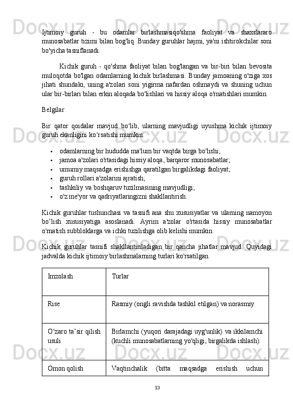 Ijtimoiy   guruh   -   bu   odamlar   birlashmasiqo'shma   faoliyat   va   shaxslararo
munosabatlar tizimi bilan bog'liq. Bunday guruhlar hajmi, ya'ni ishtirokchilar soni
bo'yicha tasniflanadi.
  Kichik   guruh   -   qo'shma   faoliyat   bilan   bog'langan   va   bir-biri   bilan   bevosita
muloqotda bo'lgan odamlarning kichik birlashmasi.  Bunday jamoaning o'ziga xos
jihati   shundaki,  uning  a'zolari  soni   yigirma  nafardan  oshmaydi  va   shuning  uchun
ular bir-birlari bilan erkin aloqada bo'lishlari va hissiy aloqa o'rnatishlari mumkin.
Belgilar
Bir   qator   qoidalar   mavjud   bo lib,   ularning   mavjudligi   uyushma   kichik   ijtimoiyʻ
guruh ekanligini ko rsatishi mumkin:	
ʻ
 odamlarning bir hududda ma'lum bir vaqtda birga bo'lishi;
 jamoa a'zolari o'rtasidagi hissiy aloqa, barqaror munosabatlar;
 umumiy maqsadga erishishga qaratilgan birgalikdagi faoliyat;
 guruh rollari a'zolarini ajratish;
 tashkiliy va boshqaruv tuzilmasining mavjudligi;
 o'z me'yor va qadriyatlaringizni shakllantirish.
Kichik guruhlar  tushunchasi  va tasnifi  ana  shu xususiyatlar  va ularning namoyon
bo’lish   xususiyatiga   asoslanadi.   Ayrim   a'zolar   o'rtasida   hissiy   munosabatlar
o'rnatish subbloklarga va ichki tuzilishga olib kelishi mumkin.
Kichik   guruhlar   tasnifi   shakllantiriladigan   bir   qancha   jihatlar   mavjud.   Quyidagi
jadvalda kichik ijtimoiy birlashmalarning turlari ko'rsatilgan.
Imzolash Turlar
Rise Rasmiy (ongli ravishda tashkil etilgan) va norasmiy.
O zaro ta sir qilish	
ʻ ʼ
usuli Birlamchi (yuqori darajadagi uyg'unlik) va ikkilamchi
(kuchli munosabatlarning yo'qligi, birgalikda ishlash).
Omon qolish Vaqtinchalik   (bitta   maqsadga   erishish   uchun
13
