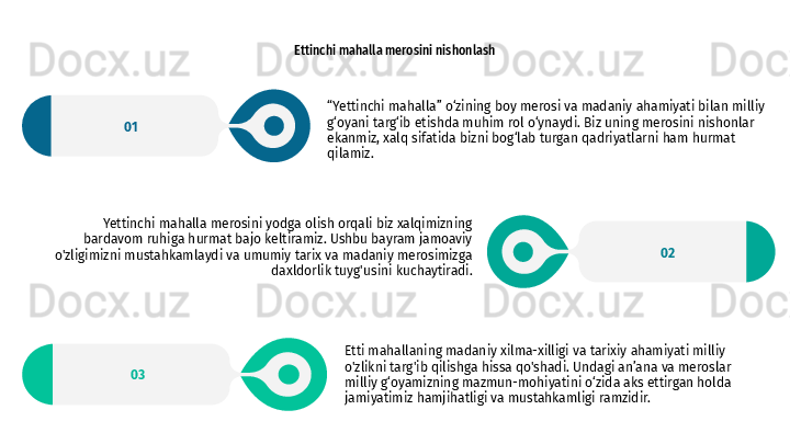 Ettinchi mahalla merosini nishonlash
“ Yettinchi mahalla” o‘zining boy merosi va madaniy ahamiyati bilan milliy 
g‘oyani targ‘ib etishda muhim rol o‘ynaydi. Biz uning merosini nishonlar 
ekanmiz, xalq sifatida bizni bog‘lab turgan qadriyatlarni ham hurmat 
qilamiz.01
Etti mahallaning madaniy xilma-xilligi va tarixiy ahamiyati milliy 
o'zlikni targ'ib qilishga hissa qo'shadi. Undagi an’ana va meroslar 
milliy g‘oyamizning mazmun-mohiyatini o‘zida aks ettirgan holda 
jamiyatimiz hamjihatligi va mustahkamligi ramzidir.03 02Yettinchi mahalla merosini yodga olish orqali biz xalqimizning 
bardavom ruhiga hurmat bajo keltiramiz. Ushbu bayram jamoaviy 
o'zligimizni mustahkamlaydi va umumiy tarix va madaniy merosimizga 
daxldorlik tuyg'usini kuchaytiradi.