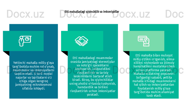 Etti mahalladagi qiyinchilik va imkoniyatlar
Yettinchi mahalla milliy g‘oya 
targ‘ibotida muhim rol o‘ynab, 
muammolar va imkoniyatlarni 
taqdim etadi. U turli nuqtai 
nazarlar va tajribalarni o'z 
ichiga olgan kengroq 
jamiyatning mikrokosmosi 
sifatida ishlaydi. Etti mahalladagi muammolar 
orasida jamiyatdagi stereotiplar 
va noto'g'ri qarashlarni 
boshqarish, inklyuzivlikni 
rivojlantirish va tarixiy 
keskinliklarni bartaraf etish 
kiradi. Biroq, bu qiyinchiliklar 
uning aholisi o'rtasida tushunish, 
hamdardlik va birlikni 
rivojlantirish uchun imkoniyatlar 
yaratadi. Etti mahalla bilan muloqot 
milliy o'zlikni o'rganish, xilma-
xillikni nishonlash va ijtimoiy 
hamjihatlikni mustahkamlash 
uchun platforma yaratadi. 
Mahalla millatning poydevori 
bo‘lganligi sababli, yettita 
mahalla ichidagi muammolarni 
hal qilish va imkoniyatlardan 
foydalanish milliy g‘oya 
targ‘ibotida muhim ahamiyat 
kasb etadi. 