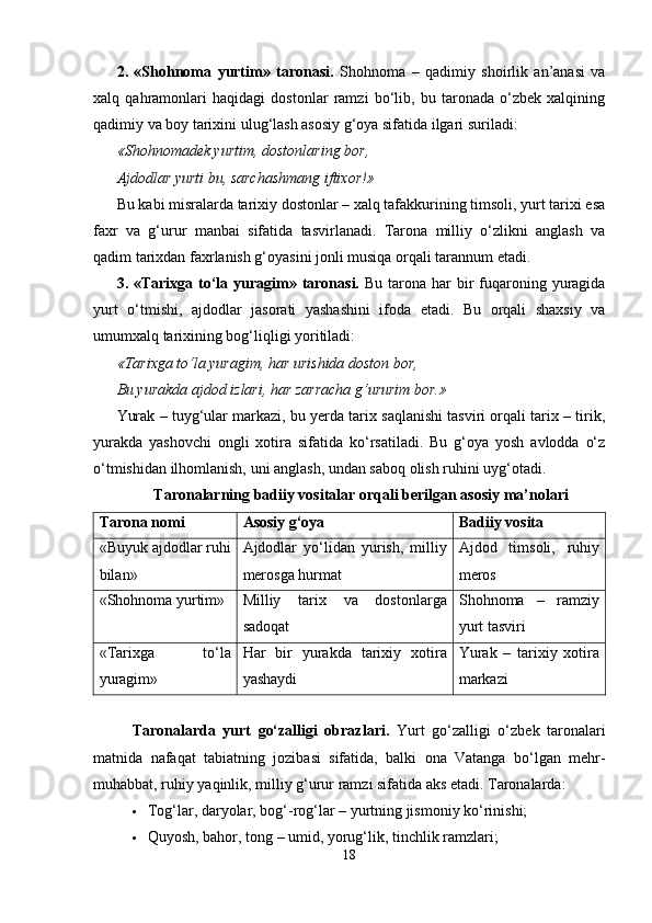 2.   «Shohnoma   yurtim»   taronasi.   Shohnoma   –   qadimiy   shoirlik   an’anasi   va
xalq   qahramonlari   haqidagi   dostonlar   ramzi   bo‘lib,   bu   taronada   o‘zbek   xalqining
qadimiy va boy tarixini ulug‘lash asosiy g‘oya sifatida ilgari suriladi:
«Shohnomadek yurtim, dostonlaring bor,
Ajdodlar yurti bu, sarchashmang iftixor!»
Bu kabi misralarda tarixiy dostonlar – xalq tafakkurining timsoli, yurt tarixi esa
faxr   va   g‘urur   manbai   sifatida   tasvirlanadi.   Tarona   milliy   o‘zlikni   anglash   va
qadim tarixdan faxrlanish g‘oyasini jonli musiqa orqali tarannum etadi.
3. «Tarixga to‘la yuragim» taronasi.   Bu tarona har  bir  fuqaroning yuragida
yurt   o‘tmishi,   ajdodlar   jasorati   yashashini   ifoda   etadi.   Bu   orqali   shaxsiy   va
umumxalq tarixining bog‘liqligi yoritiladi:
«Tarixga to‘la yuragim, har urishida doston bor,
Bu yurakda ajdod izlari, har zarracha g‘ururim bor.»
Yurak – tuyg‘ular markazi, bu yerda tarix saqlanishi tasviri orqali tarix – tirik,
yurakda   yashovchi   ongli   xotira   sifatida   ko‘rsatiladi.   Bu   g‘oya   yosh   avlodda   o‘z
o‘tmishidan ilhomlanish, uni anglash, undan saboq olish ruhini uyg‘otadi.
Taronalarning badiiy vositalar orqali berilgan asosiy ma’nolari
Tarona nomi Asosiy g‘oya Badiiy vosita
«Buyuk ajdodlar ruhi
bilan» Ajdodlar   yo‘lidan   yurish,   milliy
merosga hurmat Ajdod   timsoli,   ruhiy
meros
«Shohnoma yurtim» Milliy   tarix   va   dostonlarga
sadoqat Shohnoma   –   ramziy
yurt tasviri
«Tarixga   to‘la
yuragim» Har   bir   yurakda   tarixiy   xotira
yashaydi Yurak   –   tarixiy   xotira
markazi
Taronalarda   yurt   go‘zalligi   obrazlari.   Yurt   go‘zalligi   o‘zbek   taronalari
matnida   nafaqat   tabiatning   jozibasi   sifatida,   balki   ona   Vatanga   bo‘lgan   mehr-
muhabbat, ruhiy yaqinlik, milliy g‘urur ramzi sifatida aks etadi. Taronalarda:
 Tog‘lar, daryolar, bog‘-rog‘lar – yurtning jismoniy ko‘rinishi;
 Quyosh, bahor, tong – umid, yorug‘lik, tinchlik ramzlari;
18 