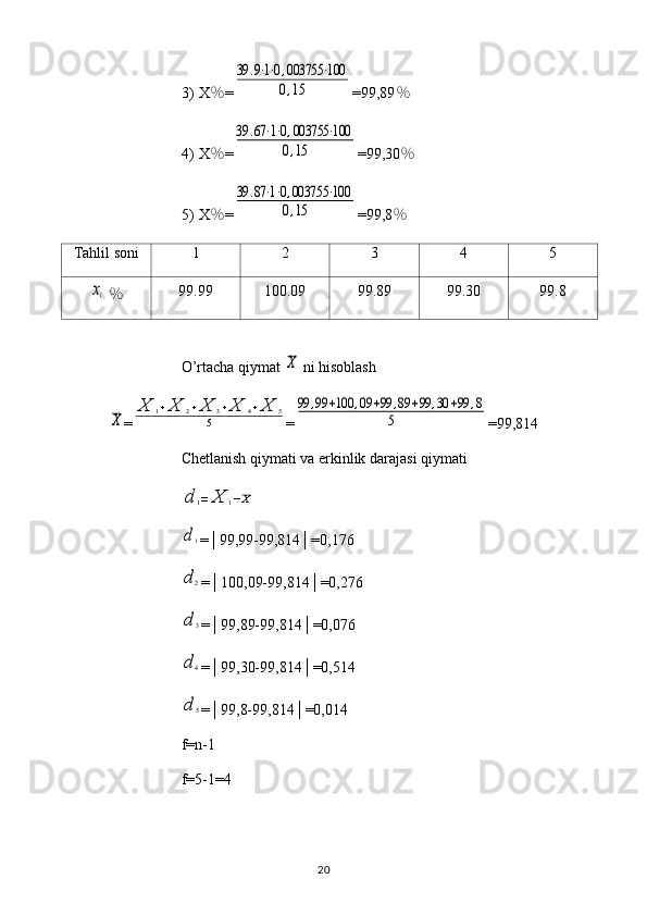 3) X ％ =39	.9⋅1⋅0,003755	⋅100	
0,15 =99,89 ％
4) X ％ =	
39	.67⋅1⋅0,003755	⋅100	
0,15 =99,30 ％
5) X ％ =	
39	.87⋅1⋅0,003755	⋅100	
0,15 =99,8 ％
Tahlil soni 1 2 3 4 5	
xi
  ％ 99.99 100.09 99.89 99.30 99.8
O’rtacha qiymat 	
X  ni hisoblash	
X
=	
X	1+X	2+X	3+X	4+X	5	
5 =	
99	,99	+100	,09	+99	,89	+99	,30	+99	,8	
5 =99,814
Chetlanish qiymati va erkinlik darajasi qiymati	
d	1=	X	1−X	
d1
=│99,99-99,814│=0,176
d	2
=│100,09-99,814│=0,276	
d	3
=│99,89-99,814│=0,076	
d	4
=│99,30-99,814│=0,514	
d	5
=│99,8-99,814│=0,014
f=n-1
f=5-1=4
20 