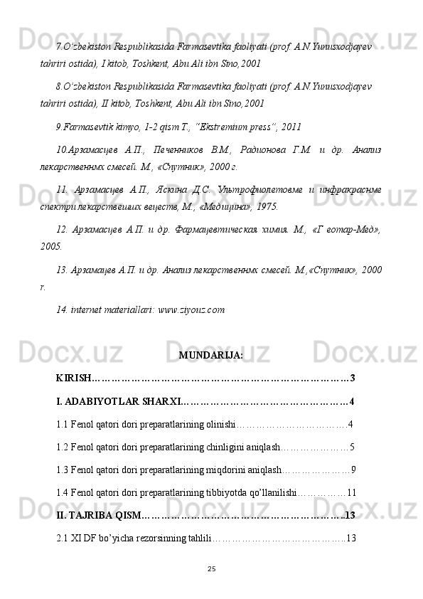 7 .O’zbekiston Respublikasida Farmasevtika faoliyati (prof. A.N.Yunusxodjayev  
tahriri ostida), I kitob, Toshkent, Abu Ali ibn Sino,2001
8 .O’zbekiston Respublikasida Farmasevtika faoliyati (prof. A.N.Yunusxodjayev  
tahriri ostida), II kitob, Toshkent, Abu Ali ibn Sino,2001
9.Farmasevtik kimyo, 1-2 qism T., “Ekstremium press”, 2011
10.Арзамасцев   А.П.,   Печенников   В.М.,   Радионова   Г.М.   и   др.   Анализ
лекарственнмх смесей. М., «Спутник», 2000 г.
11.   Арзамасцев   А.П.,   Яскина   Д.С.   Ультрофиолетовме   и   инфракраснме
спектри лекарствешшх вецеств, М., «Медицина», 1975.
12.   Арзамасцев   А.П.   и   др.   Фармацевтическая   химия.   М.,   «Г   еотар-Мед»,
2005.
13. Арзамацев А.П. и др. Анализ лекарственнмх смесей. М.,«Спутник», 2000
r .
14. internet materiallari: www.ziyouz.com
MUNDARIJA:
KIRISH……………………………………………………………………3
I. ADABIYOTLAR SHARXI……………………………………………4
1.1  Fenol qatori dori preparatlari ning olinishi…………………………….4
1.2  Fenol qatori dori preparatlari ning chinligini aniqlash…………………5
1.3  Fenol qatori dori preparatlari ning miqdorini aniqlash…………………9
1.4  Fenol qatori dori preparatlari ning tibbiyotda qo’llanilishi……………11
II. TAJRIBA QISM……………………………………………………..13
2.1 XI DF bo’yicha rezorsinning tahlili…………………………………..13
25 