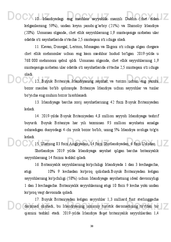 10.   Irlandiyadagi   eng   mashhur   sayyohlik   manzili   Dublin   (chet   eldan
kelganlarning   59%),   undan   keyin   janubi-g arbiy   (21%)   va   Shimoliy   Irlandiyaʻ
(20%).   Umuman   olganda,   chet   ellik   sayyohlarning   1,9   mintaqasiga   nisbatan   ular
odatda o'z sayohatlarida o'rtacha 2,5 mintaqani o'z ichiga oladi.
11. Kavan, Donegal, Leitrim, Monagan va Sligoni o'z ichiga olgan chegara
chet   ellik   mehmonlar   uchun   eng   kam   mashhur   hudud   bo'lgan.   2019-yilda   u
768   000   mehmonni   qabul   qildi.   Umuman   olganda,   chet   ellik   sayyohlarning   1,9
mintaqasiga nisbatan ular odatda o'z sayohatlarida o'rtacha 2,5 mintaqani o'z ichiga
oladi.
12.   Buyuk   Britaniya   Irlandiyaning   sayohat   va   turizm   uchun   eng   yaxshi
bozor   manbai   bo'lib   qolmoqda.   Britaniya   Irlandiya   uchun   sayyohlar   va   tunlar
bo'yicha eng muhim bozor hisoblanadi.
13.   Irlandiyaga   barcha   xorij   sayohatlarining   42   foizi   Buyuk   Britaniyadan
keladi.
14.   2019-yilda   Buyuk   Britaniyadan   4,8   million   sayyoh   Irlandiyaga   tashrif
buyurdi.   Buyuk   Britaniya   har   yili   taxminan   93   million   sayohatni   amalga
oshiradigan dunyodagi  4-chi  yirik bozor  bo'lib, uning 5%  Irlandiya oroliga to'g'ri
keladi.
15. Ularning 83 foizi Angliyadan, 14 foizi Shotlandiyadan, 4 foizi Uelsdan.
Shotlandiya   2019   yilda   Irlandiyaga   sayohat   qilgan   barcha   britaniyalik
sayyohlarning 14 foizini tashkil qiladi. 
16.   Britaniyalik   sayyohlarning   ko'pchiligi   Irlandiyada   1   dan   3   kechagacha,
atigi             10%   9   kechadan   ko'proq   qolishadi.Buyuk   Britaniyadan   kelgan
sayyohlarning ko'pchiligi  (58%) uchun Irlandiyaga sayohatning ideal  davomiyligi
1 dan 3 kechagacha. Britaniyalik sayyohlarning atigi 10 foizi 9 kecha yoki undan
ko'proq vaqt davomida qoladi. 
17.   Buyuk   Britaniyadan   kelgan   sayyohlar   1,3   milliard   funt   sterlinggacha
daromad   olishadi,   bu   Irlandiyaning   umumiy   turistik   daromadining   to'rtdan   bir
qismini   tashkil   etadi.   2019-yilda   Irlandiya   faqat   britaniyalik   sayyohlardan   1,4
38 