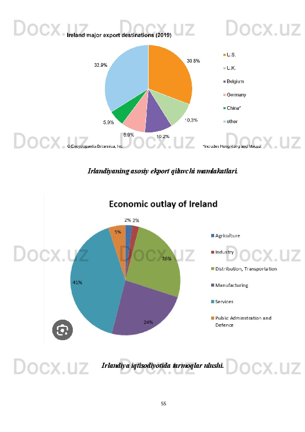 Irlandiyaning asosiy ekport qiluvchi mamlakatlari.
Irlandiya iqtisodiyotida tarmoqlar ulushi.
55 