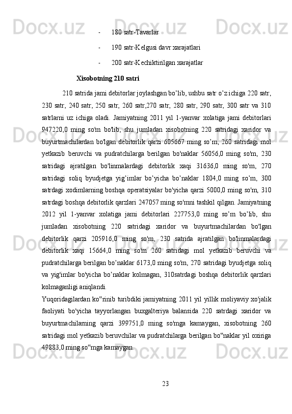 - 180 satr-Tavarlar 
- 190 satr-Kelgusi davr xarajatlari 
- 200 satr-Kechiktirilgan xarajatlar 
Xisobotning 210 satri  
210 satrida jami debitorlar joylashgan bo’lib, ushbu satr o’z ichiga 220 satr,
230 satr,  240 satr,  250  satr, 260  satr,270 satr,  280  satr, 290  satr, 300  satr   va 310
satrlarni   uz   ichiga   oladi.   Jamiyatning   2011   yil   1-yanvar   xolatiga   jami   debitorlari
947220,0   ming   so'm   bo'lib,   shu   jumladan   xisobotning   220   satridagi   xaridor   va
buyurtmachilardan   bo'lgan   debitorlik   qarzi   605667   ming   so’m,   260   satridagi   mol
yetkazib   beruvchi   va   pudratchilarga   berilgan   bo'naklar   56056,0   ming   so'm,   230
satridagi   ajratilgan   bo'linmalardagi   debitorlik   xaqi   31636,0   ming   so'm,   270
satridagi   soliq   byudjetga   yig’imlar   bo’yicha   bo’naklar   1804,0   ming   so’m,   300
satrdagi  xodimlarning boshqa  operatsiyalar  bo'yicha  qarzi  5000,0 ming so'm,  310
satrdagi boshqa debitorlik qarzlari 247057 ming so'mni tashkil qilgan. Jamiyatning
2012   yil   1-yanvar   xolatiga   jami   debitorlari   227753,0   ming   so’m   bo’lib,   shu
jumladan   xisobotning   220   satridagi   xaridor   va   buyurtmachilardan   bo'lgan
debitorlik   qarzi   205916,0   ming   so'm,   230   satrida   ajratilgan   bo'linmalardagi
debitorlik   xaqi   15664,0   ming   so'm   260   satridagi   mol   yetkazib   beruvchi   va
pudratchilarga berilgan bo’naklar 6173,0 ming so'm, 270 satridagi byudjetga soliq
va   yig'imlar   bo'yicha   bo’naklar   kolmagan,   310satrdagi   boshqa   debitorlik   qarzlari
kolmaganligi aniqlandi. 
Yuqoridagilardan ko rinib turibdiki jamiyatning 2011 yil yillik moliyaviy xo'jalik‟
faoliyati   bo'yicha   tayyorlangan   buxgalteriya   balansida   220   satrdagi   xaridor   va
buyurtmachilarning   qarzi   399751,0   ming   so'mga   kamaygan,   xisobotning   260
satridagi mol yetkazib beruvchilar va pudratchilarga berilgan bo naklar yil oxiriga	
‟
49883,0 ming so mga kamaygan. 	
‟
23  
  