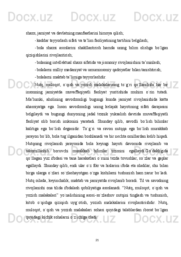 shaxs ,  jamiyat   va   davlatning   manfaatlarini   himoya   qilish ;
- kadrlar tayyorlash sifati va ta’lim faoliyatining tartibini belgilash;
- bola   shaxsi   asoslarini   shakllantirish   hamda   uning   bilim   olishga   bo`lgan
qiziqishlarini rivojlantirish;
- bolaning intellektual shaxs sifatida va jismoniy rivojlanishini ta’minlash;
- bolalarni milliy madaniyat va umuminsoniy qadriyatlar bilan tanishtirish;
- bolalarni maktab ta’limiga tayyorlashdir.
Nutq,   muloqot,   o`qish   va   yozish   malakalarining   to`g`ri   qo`llanilishi   har   bir
insonning   jamiyatda   muvaffaqiyatli   faoliyat   yuritishida   muhim   o`rin   tutadi.
Ma’lumki,   aholining   savodxonligi   bugungi   kunda   jamiyat   rivojlanishida   katta
ahamiyatga   ega.   Inson   savodxonligi   uning   kelajak   hayotining   sifati   darajasini
belgilaydi   va   bugungi   dunyoning   jadal   texnik   yuksalish   davrida   muvaffaqiyatli
faoliyat   olib   borish   imkonini   yaratadi.   Shunday   qilib,   savodli   bo`lish   bilimlar
kalitiga   ega   bo`lish   deganidir.   To`g`ri   va   ravon   nutqqa   ega   bo`lish   murakkab
jarayon bo`lib, bola tug`ilganidan boshlanadi va bir nechta omillardan kelib  hiqadi.
Nutqning   rivojlanish   jarayonida   bola   keyingi   hayoti   davomida   rivojlanib   va
takomillashib   boruvchi   murakkab   bilimlar   tizimini   egallaydi.Go`dakligida
qo`llagan yuz ifodasi va tana harakatlari o`rnini tezda tovushlar, so`zlar va   gaplar
egallaydi. Shunday qilib, endi ular o`z fikr va hislarini ifoda eta oladilar, shu   bilan
birga ularga o`zlari so`zlashayotgan o`zga kishilarni tushunish  ham  zarur bo`ladi.
Nutq oilada, keyinchalik, maktab va jamiyatda rivojlanib boradi. Til va   savodning
rivojlanishi  ona tilida  ifodalash  qobiliyatiga asoslanadi.  “Nutq, muloqot,   o`qish   va
yozish   malakalari”   yo`nalishining   asosi-so`zlashuv   nutqini   tinglash   va   tushunish,
kitob   o`qishga   qiziqish   uyg`otish,   yozish   malakalarini   rivojlantirishdir.   Nutq,
muloqot,   o`qish   va   yozish   malakalari   sohasi   quyidagi   talablardan   iborat   bo`lgan
quyidagi kichik sohalarni o`z ichiga oladi:
21 