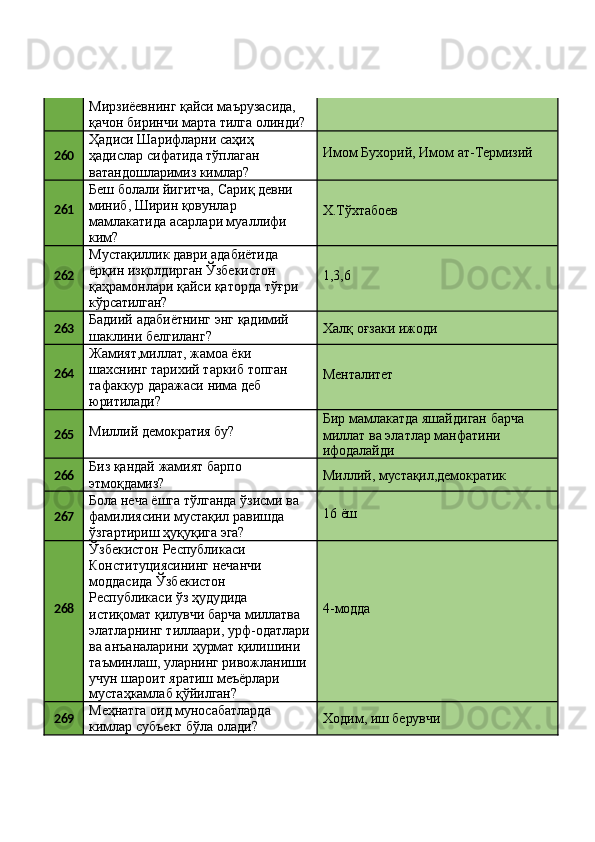 Мирзиёевнинг қайси маърузасида, 
қачон   биринчи   марта   тилга   олинди?
260 Ҳадиси   Шарифларни   саҳиҳ  
ҳадислар сифатида тўплаган  
ватандошларимиз кимлар? Имом   Бухорий,   Имом   ат- Термизий
261 Беш   болали   йигитча,   Сариқ   девни 
миниб, Ширин қовунлар 
мамлакатида асарлари муаллифи 
ким? Х.Тўхтабоев
262 Мустақиллик даври адабиётида 
ёрқин изқолдирган Ўзбекистон
қаҳрамонлари   қайси   қаторда   тўғри 
кўрсатилган? 1,3,6
263 Бадиий   адабиётнинг   энг   қадимий 
шаклини белгиланг? Халқ   оғзаки   ижоди
264 Жамият,миллат, жамоа ёки 
шахснинг   тарихий   таркиб   топган 
тафаккур даражаси нима деб 
юритилади? Менталитет
265 Миллий   демократия   бу? Бир   мамлакатда   яшайдиган   барча 
миллат ва элатлар манфатини
ифодалайди
266 Биз   қандай   жамият   барпо 
этмоқдамиз? Миллий,   мустақил,демократик
267 Бола   неча   ёшга   тўлганда   ўзисми   ва
фамилиясини   мустақил   равишда 
ўзгартириш ҳуқуқига эга? 16   ёш
268 Ўзбекистон Республикаси 
Конституциясининг нечанчи 
моддасида Ўзбекистон 
Республикаси ўз ҳудудида 
истиқомат қилувчи барча миллатва 
элатларнинг   тиллаари,   урф-одатлари
ва анъаналарини ҳурмат қилишини 
таъминлаш, уларнинг ривожланиши
учун шароит яратиш меъёрлари
мустаҳкамлаб   қўйилган? 4- модда
269 Меҳнатга   оид   муносабатларда 
кимлар субъект бўла олади? Ходим,   иш   берувчи 