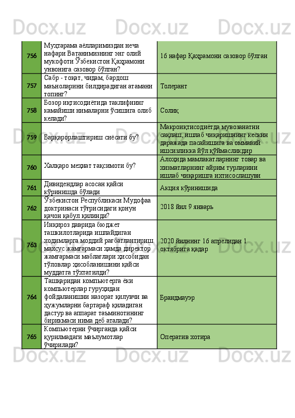 756 Муҳтарама аёлларимиздан неча 
нафари Ватанимизнинг энг олий 
мукофоти   Ўзбекистон   Қаҳрамони
унвонига   сазовор   бўлган? 16   нафар   Қаҳрамони   сазовор   бўлган
757 Сабр - тоқат, чидам, бардош 
маъноларини   билдирадиган   атамани 
топинг? Толерант
758 Бозор иқтисодиётида таклифнинг 
камайиши   нималарни   ўсишига   олиб 
келади? Солиқ
759
Барқарорлаштириш   сиёсати   бу? Макроиқтисодиётда мувозанатни 
сақлаш,   ишлаб   чиқаришнинг   кескин 
даражада пасайишига ва оммавий 
ишсизликка йўл қўймасликдир
760 Халқаро   меҳнат   тақсимоти   бу? Алоҳида   мамлакатларнинг   товар   ва 
хизматларнинг айрим турларини 
ишлаб чиқаришга ихтисослашуви
761 Дивидендлар   асосан   қайси 
кўринишда бўлади Акция   кўринишида
762 Ўзбекистон   Республикаси   Мудофаа 
доктринаси тўғрисидаги қонун
қачон   қабул   қилинди? 2018   йил   9  январь
763 Инқироз даврида бюджет 
ташкилотларида ишлайдиган 
ходимларга   моддий   рағбатлантириш 
махсус жамғармаси ҳамда директор 
жамғармаси маблағлари ҳисобидан
тўловлар   ҳисобланишини   қайси 
муддатга тўхтатилди? 2020   йилнинг   16   апрелидан   1 
октябрига қадар
764 Ташқаридан компьютерга ёки 
компьютерлар гуруҳидан 
фойдаланишни   назорат   қилувчи   ва 
ҳужумларни бартараф қиладиган 
дастур ва аппарат таъминотининг
бирикмаси   нима   деб   аталади? Брандмауэр
765 Компьютерни   ўчирганда   қайси 
қурилмадаги маълумотлар 
ўчирилади? Оператив   хотира 