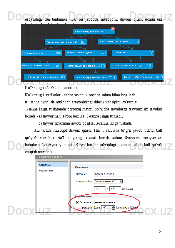 orqasidagi   fon   tanlanadi.   Har   bir   javobda   muloqotni   davom   qilish   uchun   uni
boshqa sahna bilan bog‘lanadi. 
Ko‘k rangli ob’ektlar - sahnalar
Ko‘k rangli strelkalar - sahna javobini boshqa sahna bilan bog‘lash.
#1 sahna misolida muloqot jarayonining ishlash prinsipini ko‘ramiz:
1-sahna ishga tushganda personaj mavzu bo‘yicha savollarga tayyormisiz savolini
beradi - a) tayyorman javobi bosilsa, 2-sahna ishga tushadi;
             b) tayyor emasman javobi bosilsa, 3-sahna ishga tushadi. 
Shu   tarzda   muloqot   davom   qiladi.   Har   1   sahnada   to‘g‘ri   javob   uchun   ball
qo‘yish   mumkin.   Ball   qo‘yishga   ruxsat   berish   uchun   Svoystva   menyusidan
baholash  funksiyasi  yoqiladi.  Keyin har  bir  sahnadagi   javoblar  uchun  ball  qo‘yib
chiqish mumkin. 
54 