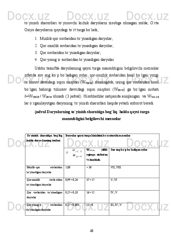 to`yinish   sharoitlari   to`yinuvchi   kichik   daryolarni   xisobga   olmagan   xolda,   O`rta
Osiyo daryolarini quyidagi to`rt turga bo`ladi;
1. Muzlik-qor suvlaridan to`yinadigan daryolar;
2. Qor-muzlik suvlaridan to`yinadigan daryolar;
3. Qor suvlaridan to`yinadigan daryolar;
4.  Qor-yomg`ir suvlaridan to`yinadigan daryolar.
Ushbu tasnifda daryolarning qaysi  turga mansubligini belgilovchi mezonlar
sifatida suv eng ko`p bo`ladigan oylar, qor-muzlik suvlaridan hosil bo`lgan yozgi
to`linsuv davridagi oqim miqdori (W
VII-IX ) shuningdek, uning qor suvlaridan hosil
bo`lgan   bahorgi   tulinsuv   davridagi   oqim   miqdori   (W
III-VI )   ga   bo`lgan   nisbati
б =W
VII-IX   / W
III-VI   olinadi (3 jadval). Hisoblashlar natijasida aniqlangan   va W
V11-1 Х
lar o`rganilayotgan daryoning  to`yinish sharoitlari haqida yetarli axborot beradi.
-jadval Daryolarning to`yinish sharoitiga bog`liq  holda qaysi turga
mansubligini belgilovchi mezonlar
To`yinish   sharoitiga   bog`liq
holda daryo-larning turlari Daryolar qaysi turga kirishini ko`rsatuvchi mezonlar
W
VII - IX ,   yillik
oqimga   nisbatan
%  hisobida Suv eng ko`p bo`ladigan oylar
Muzlik-qor   suvlaridan
to`yinadigan daryolar 1,00   38 VII, VIII
Qor-muzlik   suvla-ridan
to`yinadigan daryolar 0,99  0,26 37  17 V, VI
Qor   suvlaridan   to`yinadigan
daryolar 0,25  0,18 16  12 IV, V
Qor-yomg`ir   suvlaridan
to`yinaligan daryolar 0,17  0,001 11  0 III, IV, V
48 
