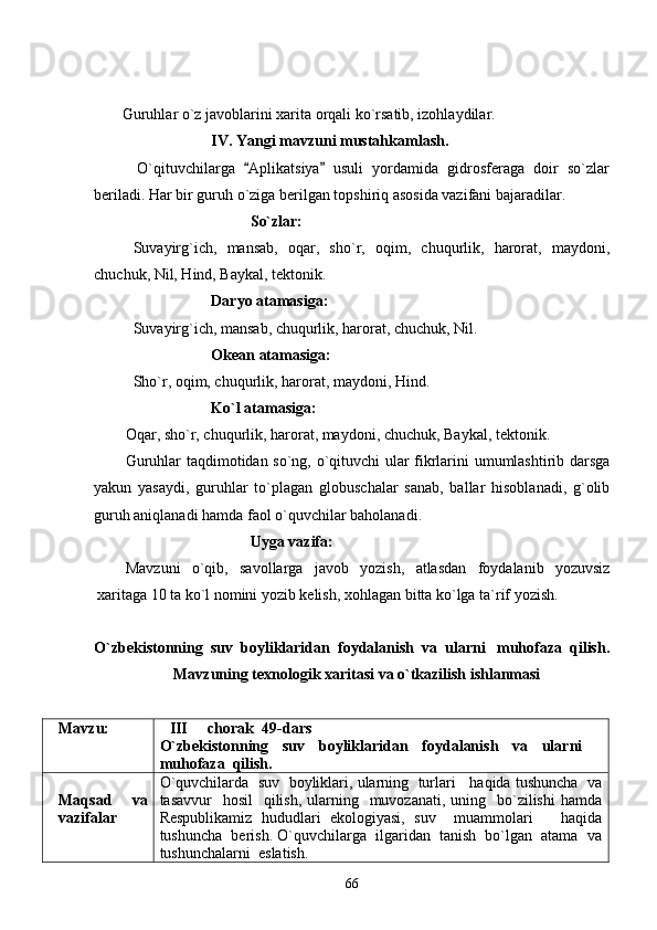 Guruhlar o`z javoblarini xarita orqali ko`rsatib, izohlaydilar.
IV. Yangi mavzuni mustahkamlash.
    O`qituvchilarga   Aplikatsiya   usuli   yordamida   gidrosferaga   doir   so`zlar 
beriladi. Har bir guruh o`ziga berilgan topshiriq asosida vazifani bajaradilar.
So`zlar:
Suvayirg`ich,   mansab,   oqar,   sho`r,   oqim,   chuqurlik,   harorat,   maydoni,
chuchuk, Nil, Hind, Baykal, tektonik.
Daryo atamasiga:
Suvayirg`ich, mansab, chuqurlik, harorat, chuchuk, Nil.
Okean atamasiga: 
Sho`r, oqim, chuqurlik, harorat, maydoni, Hind.
Ko`l atamasiga:
Oqar, sho`r, chuqurlik, harorat, maydoni, chuchuk, Baykal, tektonik.
Guruhlar taqdimotidan so`ng, o`qituvchi ular fikrlarini umumlashtirib darsga
yakun   yasaydi,   guruhlar   to`plagan   globuschalar   sanab,   ballar   hisoblanadi,   g`olib
guruh aniqlanadi hamda faol o`quvchilar baholanadi.
Uyga vazifa:  
Mavzuni   o`qib,   savollarga   javob   yozish,   atlasdan   foydalanib   yozuvsiz
xaritaga 10 ta ko`l nomini yozib kelish, xohlagan bitta ko`lga ta`rif yozish.
O`zbekistonning  suv  boyliklaridan  foydalanish  va  ularni   muhofaza  qilish.
Mavzuning texnologik xaritasi va o`tkazilish ishlanmasi
                                               
Mavzu: III   chorak  49-dars	

O`zbekistonning     suv     boyliklaridan     foydalanish     va     ularni
muhofaza  qilish.
Maqsad   va
vazifalar O`quvchilarda  suv  boyliklari, ularning  turlari   haqida tushuncha  va
tasavvur    hosil    qilish,  ularning   muvozanati,  uning   bo`zilishi  hamda
Respublikamiz   hududlari   ekologiyasi,   suv     muammolari       haqida
tushuncha  berish.  O`quvchilarga  ilgaridan  tanish  bo`lgan  atama  va
tushunchalarni  eslatish.  
66 