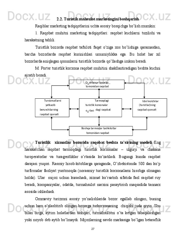 2.2.  Turistik mahsulot marketingini boshqarish
Raqiblar marketing tadqiqotlarini uchta asosiy bosqichga bo’lish mumkin: 
1.   Raqobat   muhitni   marketing   tadqiqotlari:   raqobat   kuchlarni   tuzilishi   va
harakatning tahlili. 
Turistlik   bozorda   raqobat   tafsiloti   faqat   o’ziga   xos   bo’lishiga   qaramasdan,
barcha   bozorlarda   raqobat   kurinishlari   umumiylikka   ega.   Bu   holat   har   xil
bozorlarda aniqlagan qonunlarni turistlik bozorda qo’llashga imkon beradi. 
M. Porter turistlik korxona raqobat muhitini shakllantiradigan beshta kuchni
ajratib beradi. 
Turistlik     xizmatlar   bozorida   raqobat   beshta   ta’sirining   modeli   Eng
harakatchan   raqobat   tarmoqdagi   turistlik   korxonalar   –   ulgurji   va   chakana
turoperatorlar   va   turagentliklar   o’rtasida   ko’zatiladi.   Bugungi   kunda   raqobat
darajasi  yuqori.  Rasmiy   hisob-kitoblarga  qaraganda,   O’zbekistonda  500  dan  ko’p
turfirmalar   faoliyat   yuritmoqda   (norasmiy   turistlik   korxonalarni   hisobga   olmagan
holda).   Ular     mijoz   uchun   kurashadi,   xizmat   ko’rsatish   sifatida   faol   raqobat   ruy
beradi,   kompaniyalar,   odatda,   turmahsulot   narxini   pasaytirish   maqsadida   tannarx
asosida ishlashadi.  
Ommaviy   turizmni   asosiy   yo’nalishlarida   bozor   egallab   olingan,   buning
uchun ham  o’zlashtirib olingan  bozorga  turkorxonaning   chiqishi  juda  qiyin. Shu
bilan   birga,   ayrim   holatlardan   tashqari,   turmahsulotni   o’ta   ketgan   tabaqalashgan
yoki noyob deb aytib bo’lmaydi.   Mijozlarning   savdo   markasiga   bo ’ lgan   betaraflik
27 
O‗rinbosar tovarlar  
tomonidan raqobat    
         
         
Turxizmatlarni 
yetkazib 
beruvchilarning 
raqobat quvvati     Tarmoqdagi 
turistlik korxonalar 
o‗rtasi dagi raqobat    
Iste‘molchilar 
( turistlar)ning 
raqobat quvvati  
         
         
  Boshqa tarmoqlar tashkilotlar 
tomonidan raqobat     