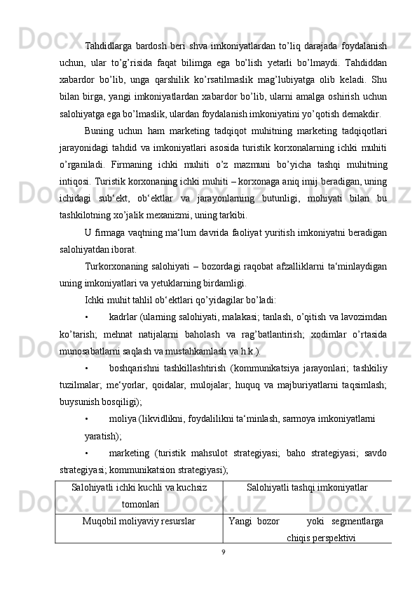Tahdidlarga   bardosh   beri   shva   imkoniyatlardan   to’liq   darajada   foydalanish
uchun,   ular   to’g’risida   faqat   bilimga   ega   bo’lish   yetarli   bo’lmaydi.   Tahdiddan
xabardor   bo’lib,   unga   qarshilik   ko’rsatilmaslik   mag’lubiyatga   olib   keladi.   Shu
bilan   birga,   yangi   imkoniyatlardan   xabardor   bo’lib,   ularni   amalga   oshirish   uchun
salohiyatga ega bo’lmaslik, ulardan foydalanish imkoniyatini yo’qotish demakdir. 
Buning   uchun   ham   marketing   tadqiqot   muhitning   marketing   tadqiqotlari
jarayonidagi   tahdid   va   imkoniyatlari   asosida   turistik   korxonalarning   ichki   muhiti
o’rganiladi.   Firmaning   ichki   muhiti   o’z   mazmuni   bo’yicha   tashqi   muhitning
intiqosi. Turistik korxonaning ichki muhiti – korxonaga aniq imij beradigan, uning
ichidagi   sub‘ekt,   ob‘ektlar   va   jarayonlarning   butunligi,   mohiyati   bilan   bu
tashkilotning xo’jalik mexanizmi, uning tarkibi.  
U firmaga vaqtning ma‘lum davrida faoliyat yuritish imkoniyatni beradigan
salohiyatdan iborat. 
Turkorxonaning  salohiyati  – bozordagi  raqobat  afzalliklarni  ta‘minlaydigan
uning imkoniyatlari va yetuklarning birdamligi. 
Ichki muhit tahlil ob‘ektlari qo’yidagilar bo’ladi: 
• kadrlar (ularning salohiyati, malakasi; tanlash, o’qitish va lavozimdan
ko’tarish;   mehnat   natijalarni   baholash   va   rag’batlantirish;   xodimlar   o’rtasida
munosabatlarni saqlash va mustahkamlash va h.k.). 
• boshqarishni   tashkillashtirish   (kommunikatsiya   jarayonlari;   tashkiliy
tuzilmalar;   me‘yorlar,   qoidalar,   mulojalar;   huquq   va   majburiyatlarni   taqsimlash;
buysunish bosqiligi); 
• moliya (likvidlikni, foydalilikni ta‘minlash, sarmoya imkoniyatlarni 
yaratish); 
• marketing   (turistik   mahsulot   strategiyasi;   baho   strategiyasi;   savdo
strategiyasi; kommunikatsion strategiyasi); 
Salohiyatli ichki kuchli va kuchsiz
tomonlari Salohiyatli tashqi imkoniyatlar
Muqobil moliyaviy resurslar Yangi  bozor  yoki  segmentlarga 
chiqis perspektivi
9 