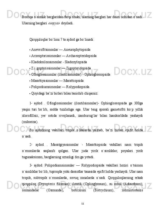 Boshqa o`simlik barglaridan farqi shuki, ularning barglari har doim uchidan o`sadi.
Ularning barglari   «vayya»   deyiladi.
Qirqquloqlar bo`limi 7 ta ajdod ga bo`linadi:
 Anevrofitsimonlar — Aneurophytopsida
 Arxeoptsrissimonlar — Archaeopteridopsida
 Kladoksilonsimonlar - Sladoxylopsida
 Z i gopterissimonlar — Zigopteridopsida
 Ofioglossimonlar (ilontilsimonlar) - Ophioglossopsida
 Marattiyasimonlar — Marattiopsida
 Polipodiumsimonlar — Rolypodiopsida
 Quyidagi ba’zi birlari bilan tanishib chiqamiz:
1-   ajdod   .   Ofioglossimonlar   (ilontilsimonlar)-   Ophioglossopsida   ga   300ga
yaqin   turi   bo`lib,   sodda   tuzilishga   ega.   Ular   teng   sporali   gametofiti   ko`p   yillik
xlorofillsiz,   yer   ostida   rivojlanadi,   zamburug`lar   bilan   hamkorlikda   yashaydi
(mikoriza).
Bu   ajdodning   vakillari   tropik   o`lkalarda   yashab,   ba’zi   birlari   epifit   holda
o`sadi.
2-   ajdod   .   Maratgiyasimonlar   -   Marattiopsida   vakillari   nam   tropik
o`rmonlarda   saqlanib   qolgan.   Ular   juda   yirik   o`simliklar,   poyalari   yirik
tugunaksimon, barglarning uzunligi 6m ga yetadi.
3-   ajdod.   Polipodiumsimonlar   —   Rolypodiopsida   vakillari   hoziri   o`tsimon
o`simliklar bo`lib, tuproqda yoki daraxtlar tanasida epifit holda yashaydi. Ular nam
tropik,   subtropik   o`rmonlarda,   sovuq   zonalarda   o`sadi.   Qirqquloqlarning   erkak
qirqquloq   (Dryopteris   filixmas),   ilontili   (Oplioglossum),   su   mbul   (Adianthum),
osmundalar   (Osmunda),   botrixium   (Botrychium),   xelmintostaxis
11