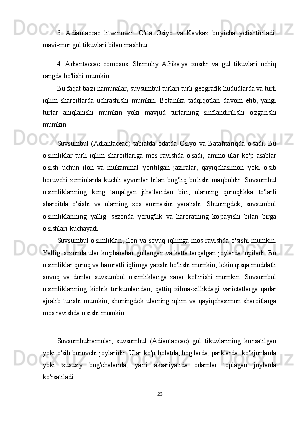3.   Adiantaceac   litwinowii:   O'rta   Osiyo   va   Kavkaz   bo'yicha   yetishtiriladi,
mavi-mor gul tikuvlari bilan mashhur.
4.   Adiantaceac   comosus:   Shimoliy   Afrika'ya   xosdir   va   gul   tikuvlari   ochiq
rangda bo'lishi mumkin.
Bu faqat ba'zi namunalar, suvsumbul turlari turli geografik hududlarda va turli
iqlim   sharoitlarda   uchrashishi   mumkin.   Botanika   tadqiqotlari   davom   etib,   yangi
turlar   aniqlanishi   mumkin   yoki   mavjud   turlarning   sinflandirilishi   o'zgarishi
mumkin.
Suvsumbul   (Adiantaceac)   tabiatda   odatda   Osiyo   va   Batafitariqda   o'sadi.   Bu
o'simliklar   turli   iqlim   sharoitlariga   mos   ravishda   o'sadi,   ammo   ular   ko'p   asablar
o'sish   uchun   ilon   va   mukammal   yoritilgan   jaziralar,   qayiqchasimon   yoki   o'sib
boruvchi   zeminlarda   kuchli   ayvonlar   bilan   bog'liq   bo'lishi   maqbuldir.   Suvsumbul
o'simliklarining   keng   tarqalgan   jihatlaridan   biri,   ularning   quruqlikka   to'larli
sharoitda   o'sishi   va   ularning   xos   aromasini   yaratishi.   Shuningdek,   suvsumbul
o'simliklarining   yallig'   sezonda   yorug'lik   va   haroratning   ko'payishi   bilan   birga
o'sishlari kuchayadi.
Suvsumbul o'simliklari, ilon va sovuq iqlimga mos ravishda o'sishi  mumkin.
Yallig' sezonda ular ko'pbarabar gullangan va katta tarqalgan joylarda topiladi. Bu
o'simliklar quruq va haroratli iqlimga yaxshi bo'lishi mumkin, lekin qisqa muddatli
sovuq   va   donlar   suvsumbul   o'simliklariga   zarar   keltirishi   mumkin.   Suvsumbul
o'simliklarining   kichik   turkumlaridan,   qattiq   xilma-xillikdagi   varietatlarga   qadar
ajralib   turishi   mumkin,   shuningdek   ularning   iqlim   va   qayiqchasimon   sharoitlarga
mos ravishda o'sishi mumkin.
Suvsumbulnamolar,   suvsumbul   (Adiantaceac)   gul   tikuvlarining   ko'rsatilgan
yoki o'sib boruvchi joylaridir. Ular ko'p holatda, bog'larda, parklarda, ko'kjonlarda
yoki   xususiy   bog'chalarida,   ya'ni   aksariyatida   odamlar   toplagan   joylarda
ko'rsatiladi.
23
