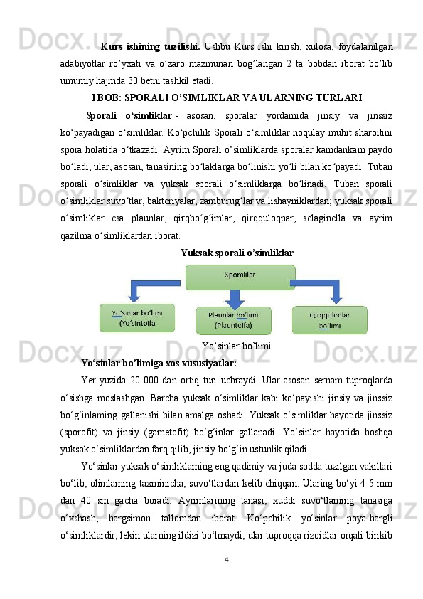           Kurs   ishining   tuzilishi.   Ushbu   Kurs   ishi   kirish,   xulosa,   foydalanilgan
adabiyotlar   ro’yxati   va   o’zaro   mazmunan   bog’langan   2   ta   bobdan   iborat   bo’lib
umumiy hajmda 30 betni tashkil etadi.
I BOB: SPORALI O’SIMLIKLAR VA ULARNING TURLARI
Sporali   o simliklarʻ   -   asosan,   sporalar   yordamida   jinsiy   va   jinssiz
ko payadigan o simliklar. Ko pchilik Sporali o simliklar noqulay muhit sharoitini	
ʻ ʻ ʻ ʻ
spora holatida o tkazadi. Ayrim Sporali o’simliklarda sporalar kamdankam paydo	
ʻ
bo ladi, ular, asosan, tanasining bo laklarga bo linishi yo li bilan ko payadi. Tuban	
ʻ ʻ ʻ ʻ ʻ
sporali   o simliklar   va   yuksak   sporali   o simliklarga   bo linadi.   Tuban   sporali	
ʻ ʻ ʻ
o simliklar suvo tlar, bakteriyalar, zamburug lar va lishayniklardan; yuksak sporali	
ʻ ʻ ʻ
o simliklar   esa   plaunlar,   qirqbo g imlar,   qirqquloqpar,   selaginella   va   ayrim
ʻ ʻ ʻ
qazilma o simliklardan iborat.	
ʻ
Yuksak sporali o’simliklar
Yo’sinlar bo’limi
Yo‘sinlar bo’limiga xos xususiyatlar:
Yer   yuzida   20   000   dan   ortiq   turi   uchraydi.   Ular   asosan   sernam   tuproqlarda
o‘sishga   moslashgan.   Barcha   yuksak   o‘simliklar   kabi   ko‘payishi   jinsiy   va   jinssiz
bo‘g‘inlaming gallanishi bilan amalga oshadi. Yuksak o‘simliklar hayotida jinssiz
(sporofit)   va   jinsiy   (gametofit)   bo‘g‘inlar   gallanadi.   Yo‘sinlar   hayotida   boshqa
yuksak o‘simliklardan farq qilib, jinsiy bo‘g‘in ustunlik qiladi.
Yo‘sinlar yuksak o‘simliklaming eng qadimiy va juda sodda tuzilgan vakillari
bo‘lib, olimlaming taxminicha, suvo‘tlardan kelib chiqqan. Ularing bo‘yi 4-5 mm
dan   40   sm   gacha   boradi.   Ayrimlarining   tanasi,   xuddi   suvo‘tlaming   tanasiga
o‘xshash,   bargsimon   tallomdan   iborat.   Ko‘pchilik   yo‘sinlar   poya-bargli
o‘simliklardir, lekin ularning ildizi bo‘lmaydi, ular tuproqqa rizoidlar orqali birikib
4 